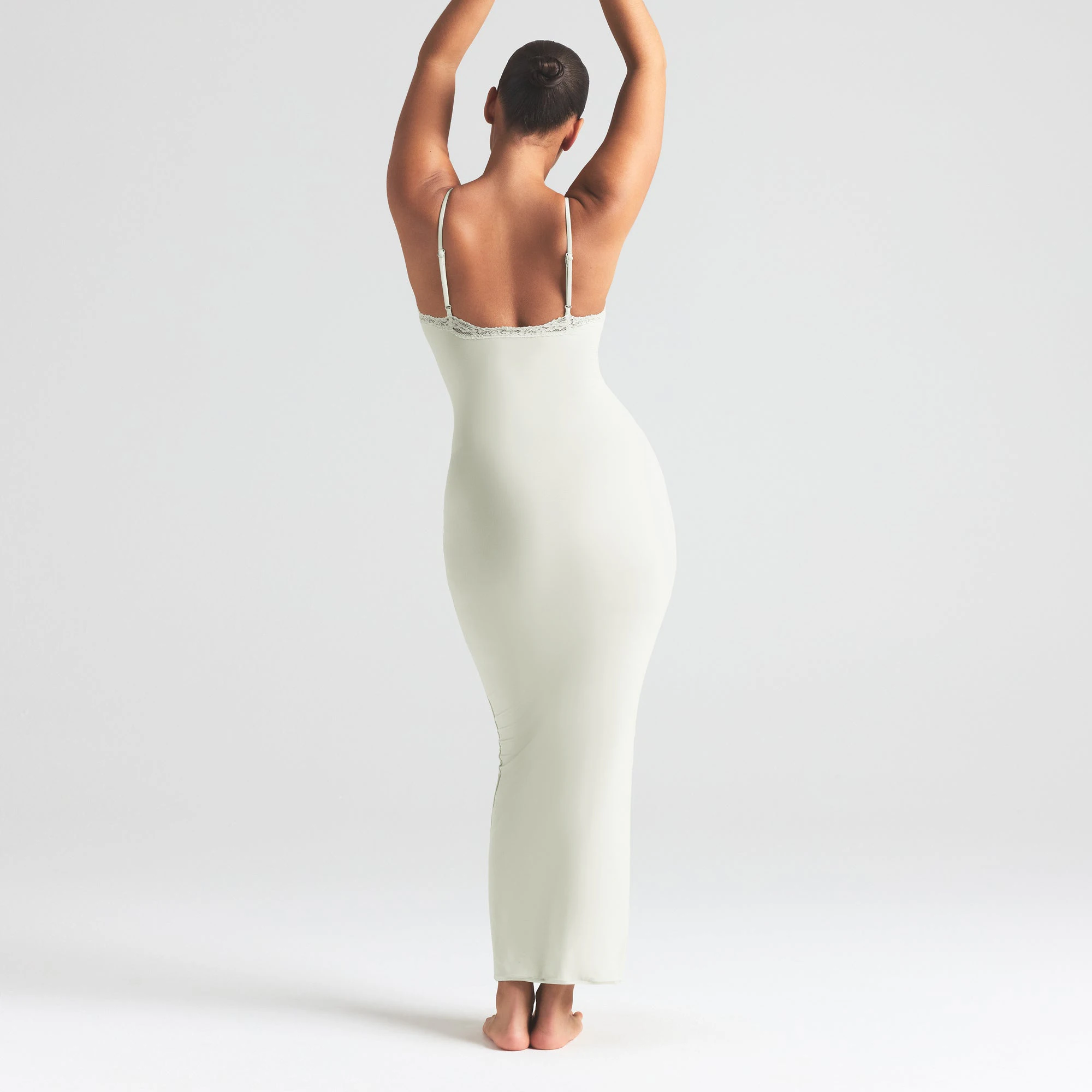 FITS EVERYBODY LACE LONG SLIP DRESS | SPEARMINT ON A MODEL FRONT VIEW | FOCUS: 0.0, 1.0, 0.9