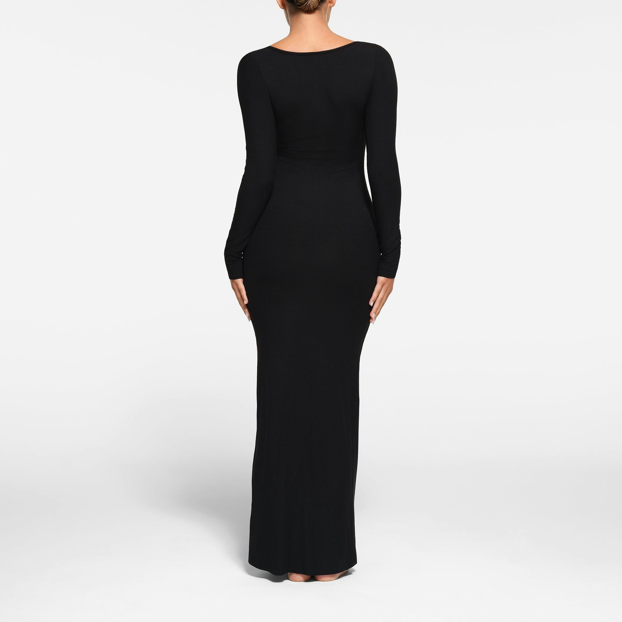 SOFT LOUNGE PETITE LONG SLEEVE DRESS WORN BY A MODEL IN BACK VIEW