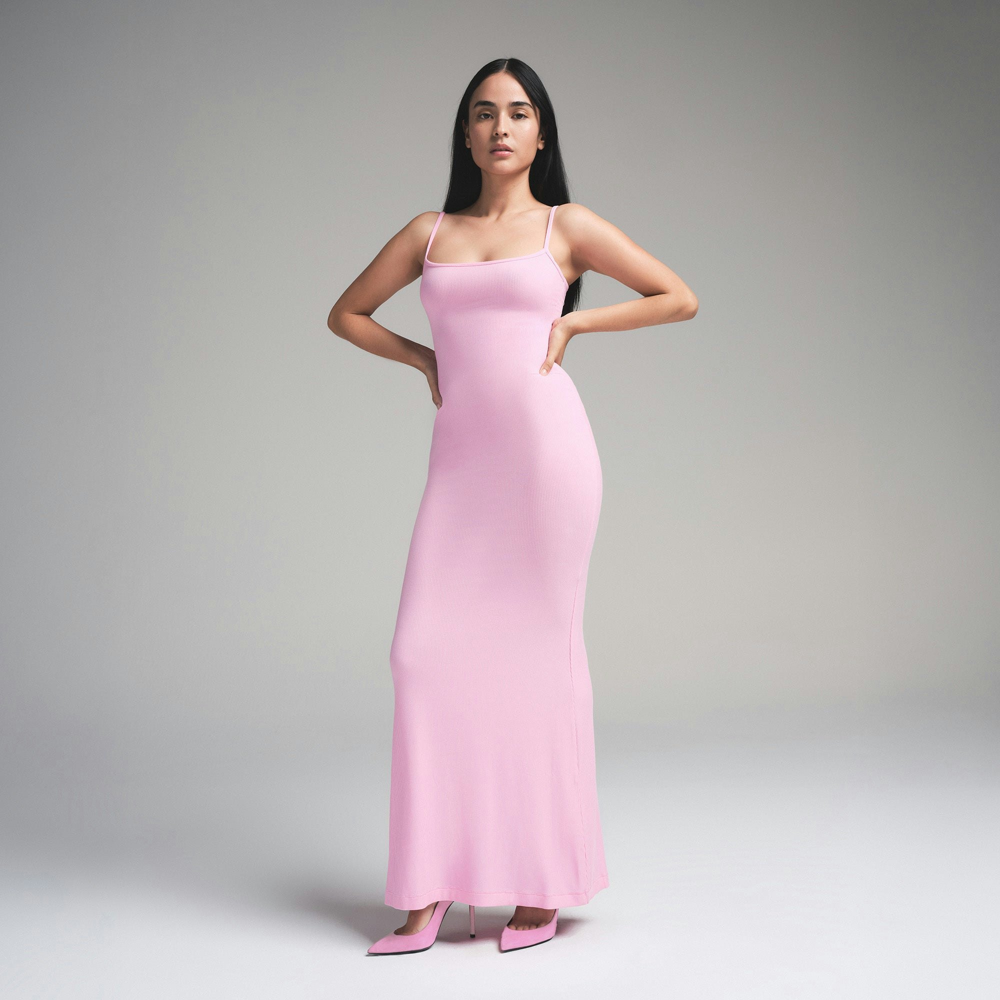 SOFT LOUNGE PETITE LONG SLIP DRESS | BUBBLE GUM ON A MODEL FRONT VIEW | FOCUS: 0.0, 1.0, 0.9