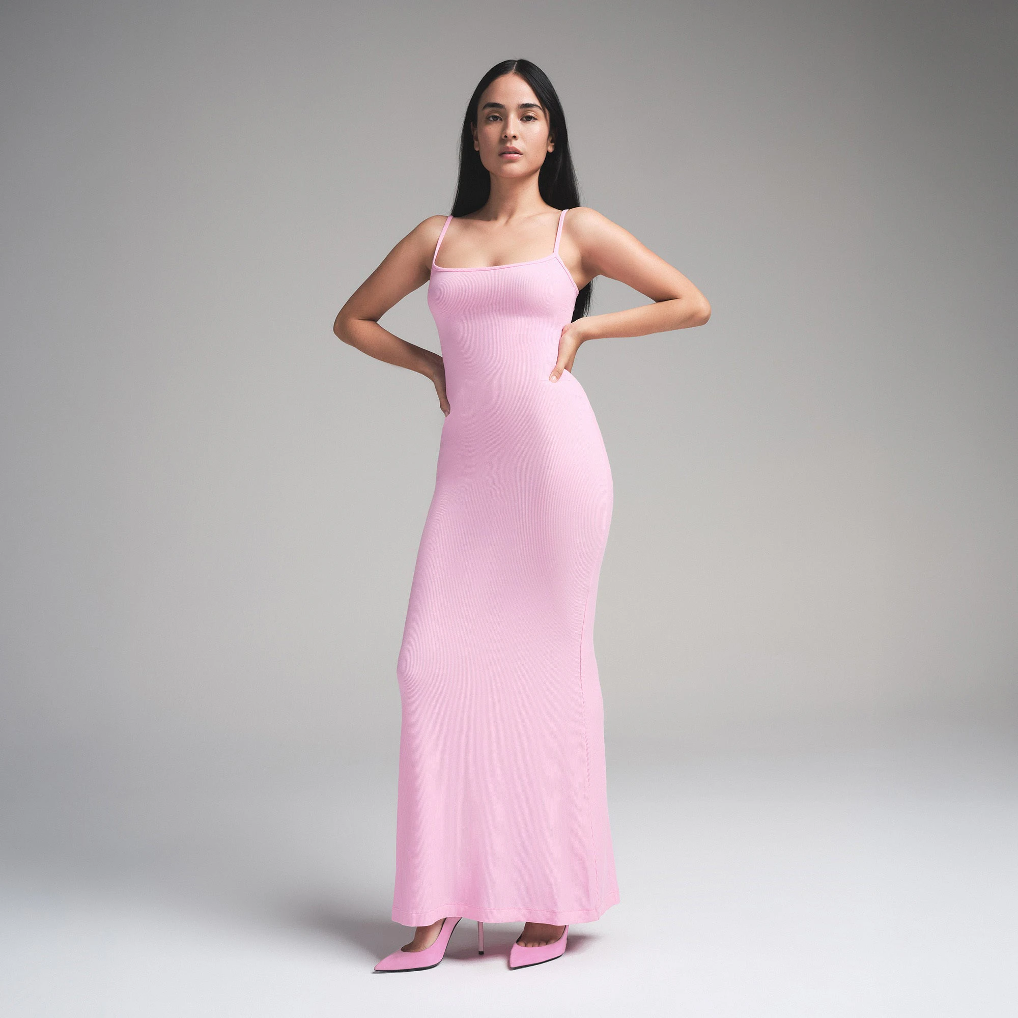 SOFT LOUNGE PETITE LONG SLIP DRESS | BUBBLE GUM ON A MODEL FRONT VIEW | FOCUS: 0.0, 1.0, 0.9