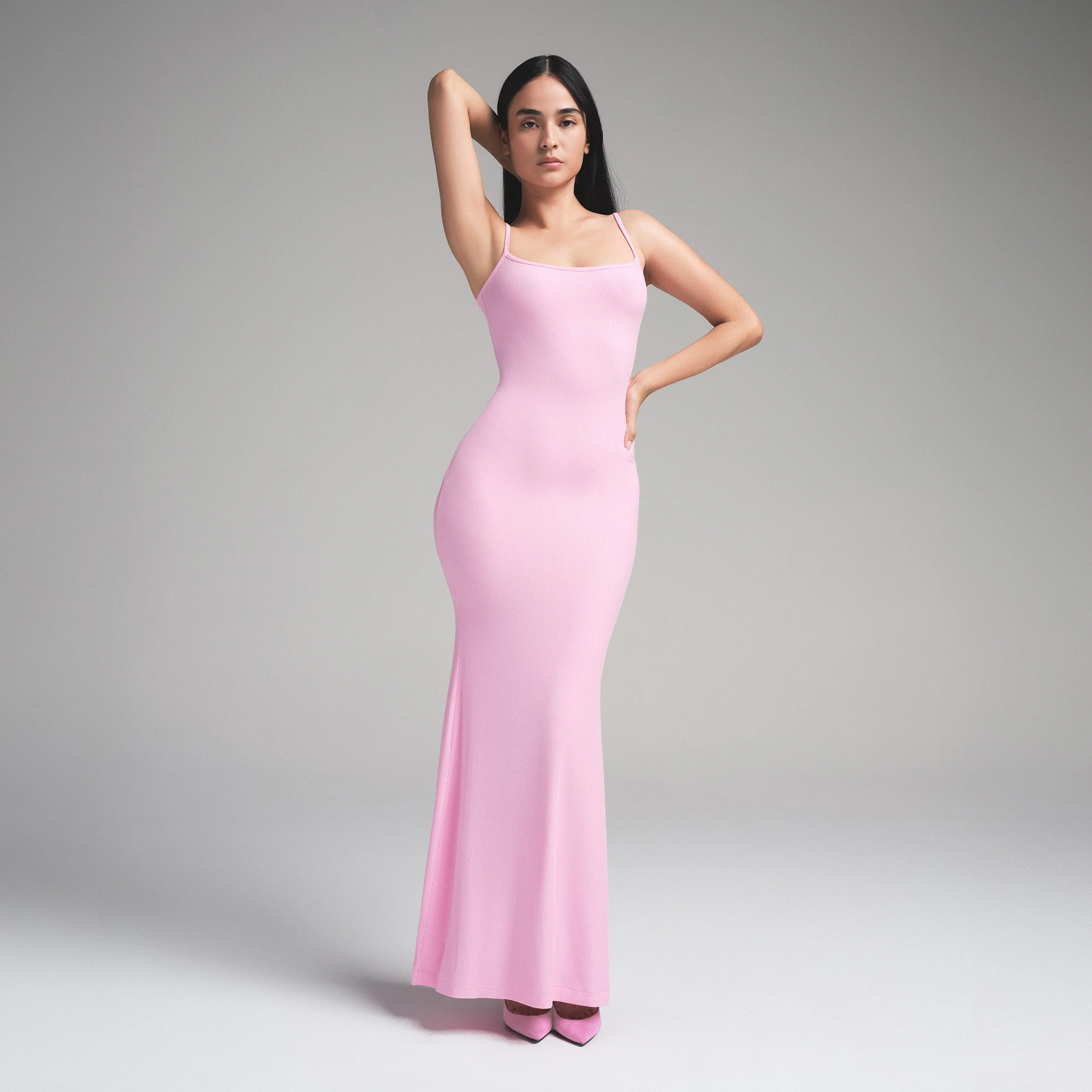 SOFT LOUNGE PETITE LONG SLIP DRESS | BUBBLE GUM ON A MODEL FRONT VIEW | FOCUS: 0.0, 1.0, 0.9
