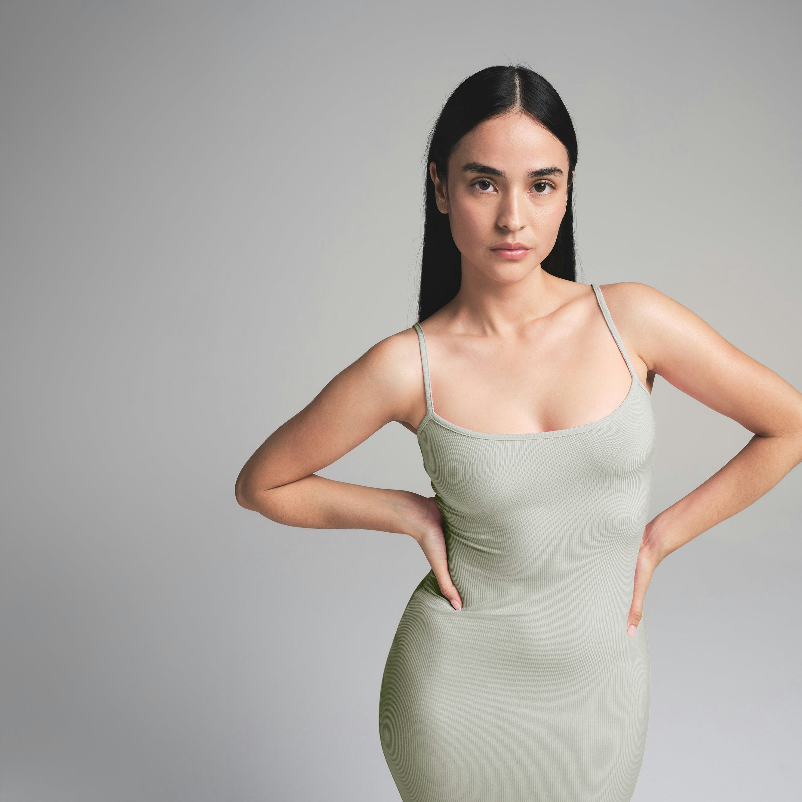 SOFT LOUNGE PETITE LONG SLIP DRESS | TALC ON A MODEL FRONT VIEW | FOCUS: 0.0, 1.0, 0.9