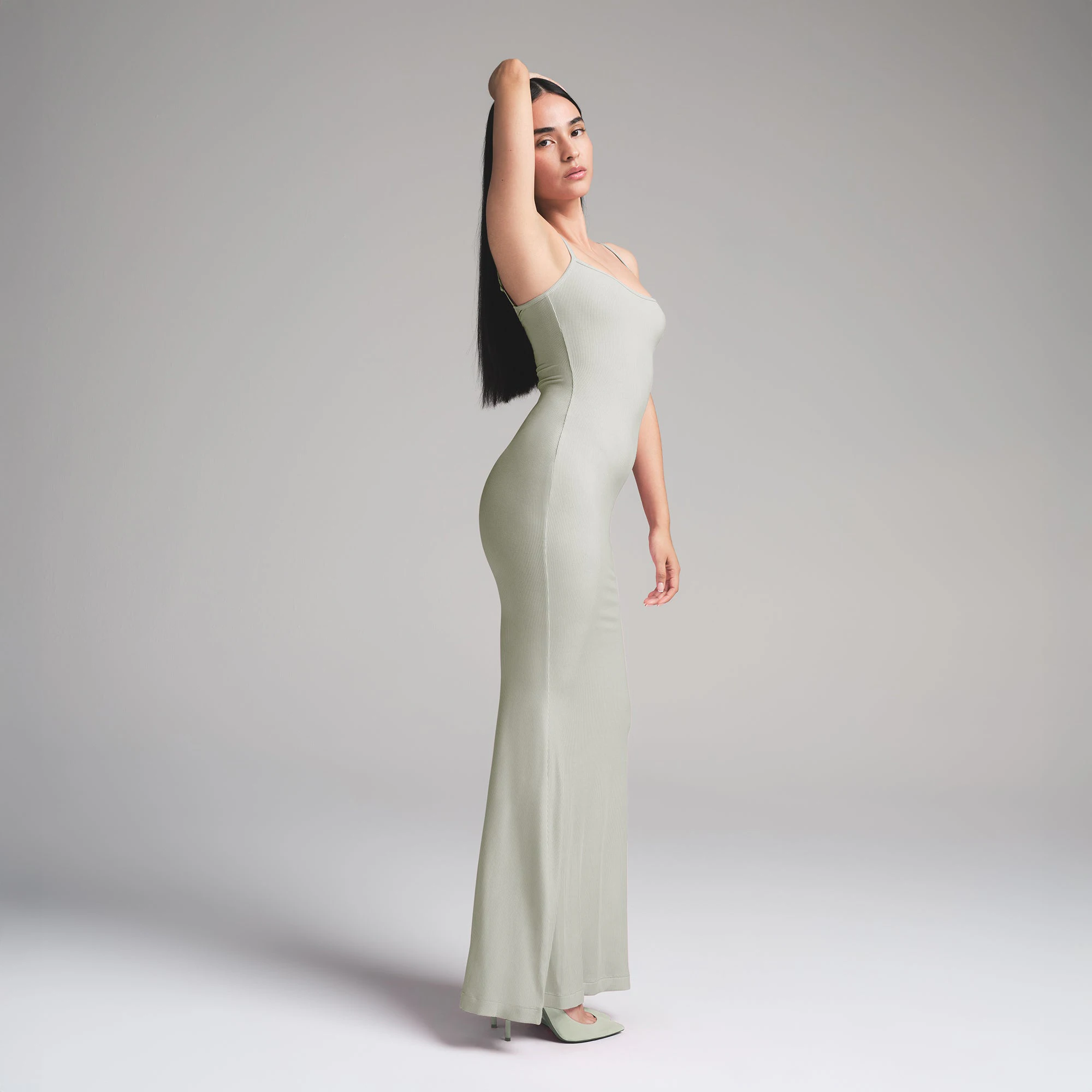 SOFT LOUNGE PETITE LONG SLIP DRESS | TALC ON A MODEL FRONT VIEW | FOCUS: 0.0, 1.0, 0.9