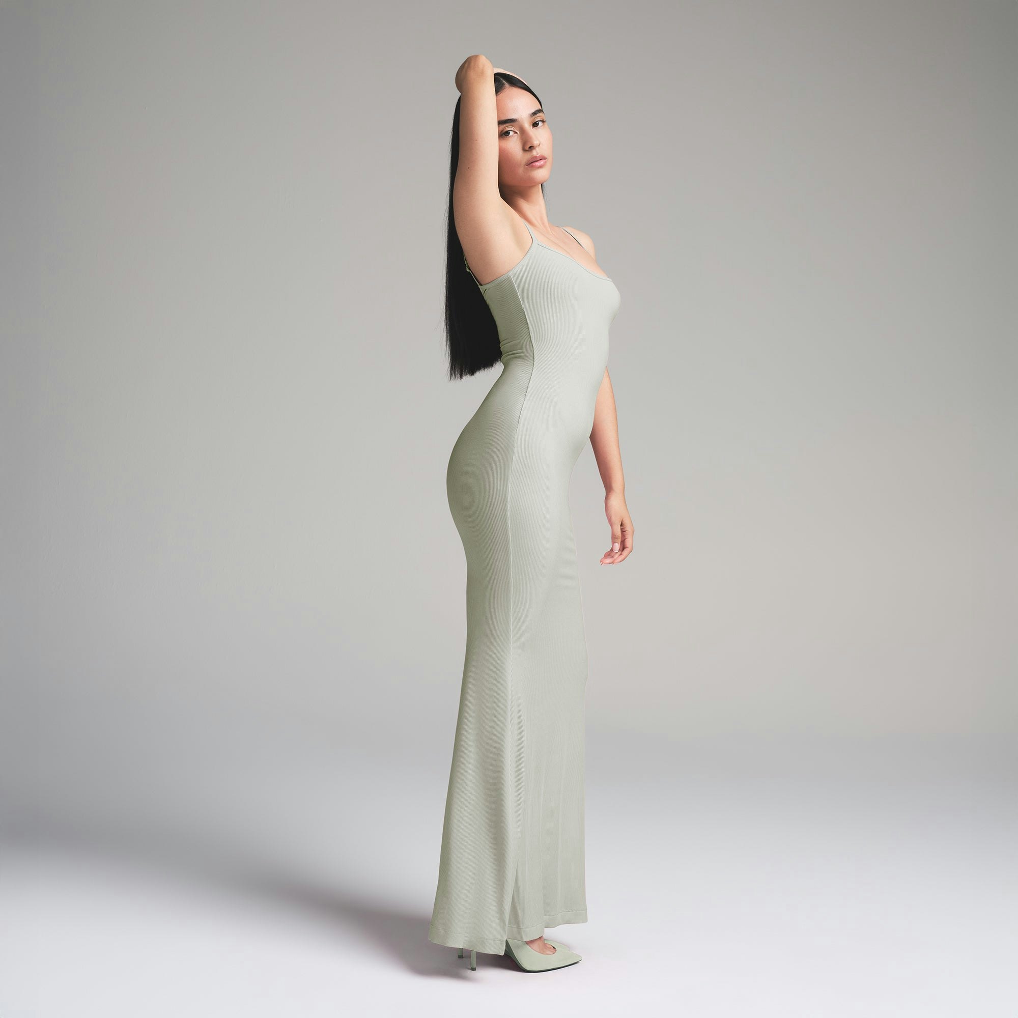 SOFT LOUNGE PETITE LONG SLIP DRESS | TALC ON A MODEL FRONT VIEW | FOCUS: 0.0, 1.0, 0.9