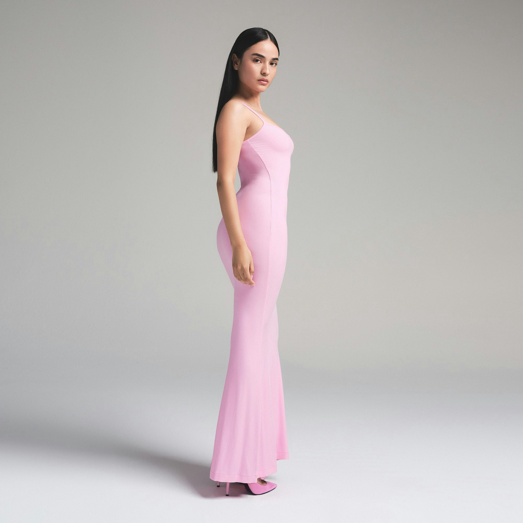 SOFT LOUNGE PETITE LONG SLIP DRESS | BUBBLE GUM ON A MODEL FRONT VIEW | FOCUS: 0.0, 1.0, 0.9