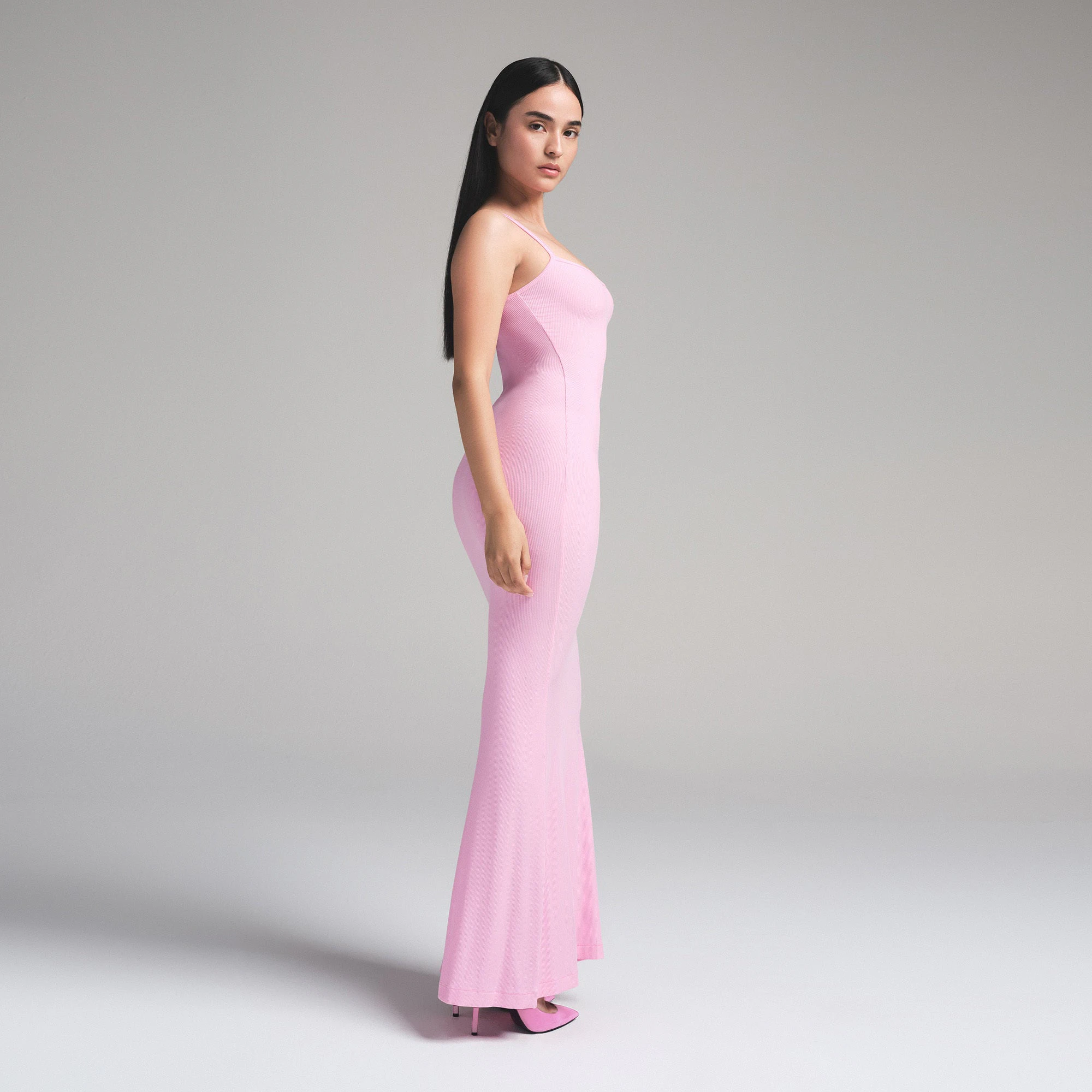 SOFT LOUNGE PETITE LONG SLIP DRESS | BUBBLE GUM ON A MODEL FRONT VIEW | FOCUS: 0.0, 1.0, 0.9