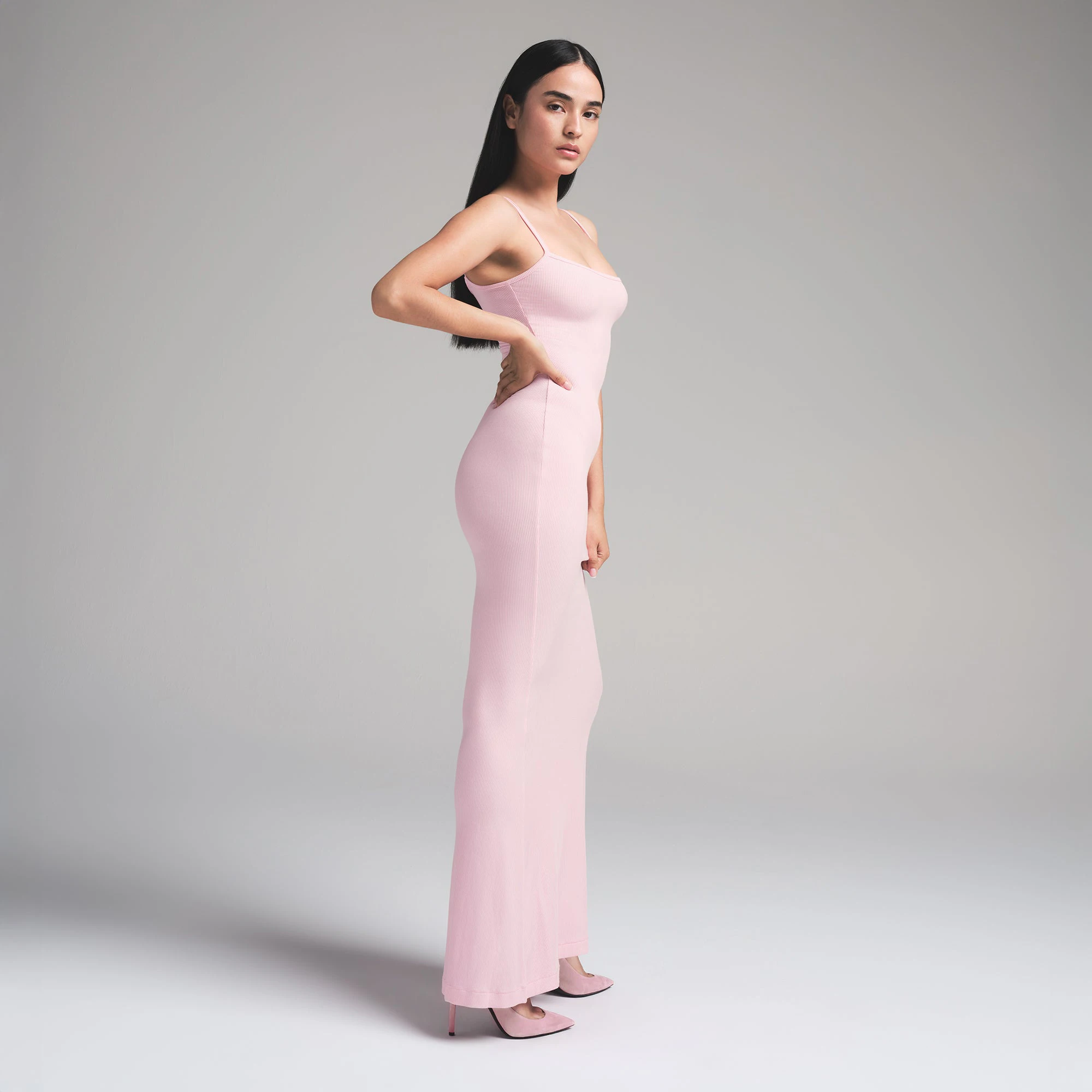 SOFT LOUNGE PETITE LONG SLIP DRESS | MORGANITE ON A MODEL FRONT VIEW | FOCUS: 0.0, 1.0, 0.9