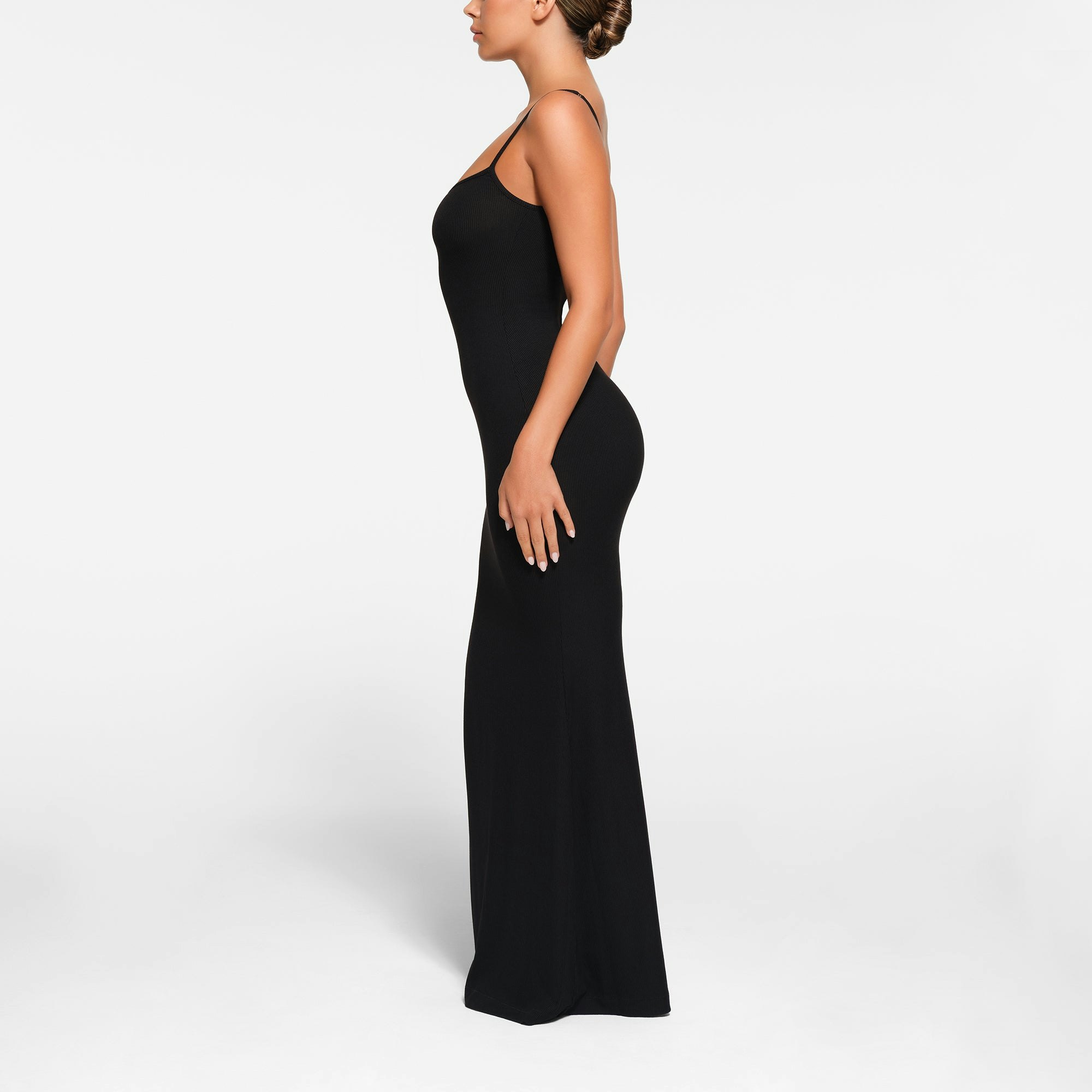SOFT LOUNGE PETITE LONG SLIP DRESS WORN BY A MODEL IN SIDE VIEW