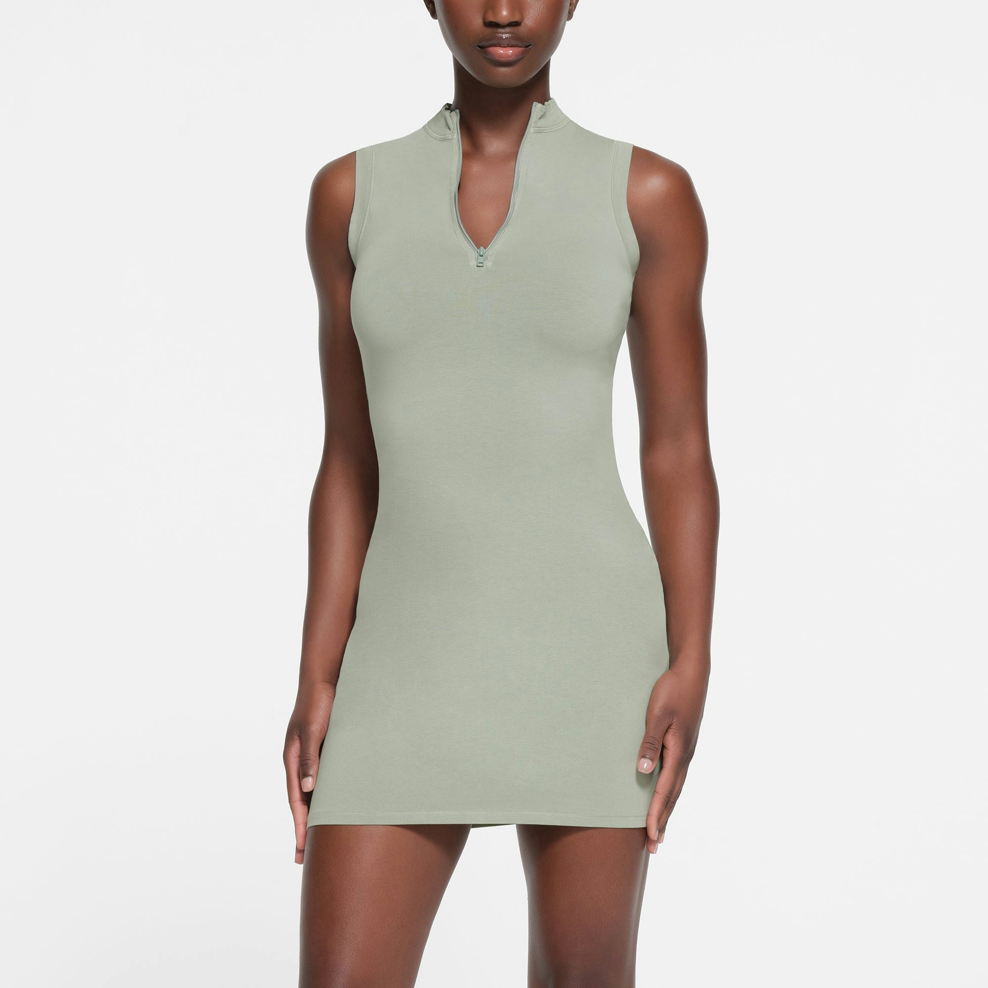 NEW VINTAGE ZIP UP SLEEVELESS MINI DRESS | MINERAL ON A MODEL FRONT VIEW