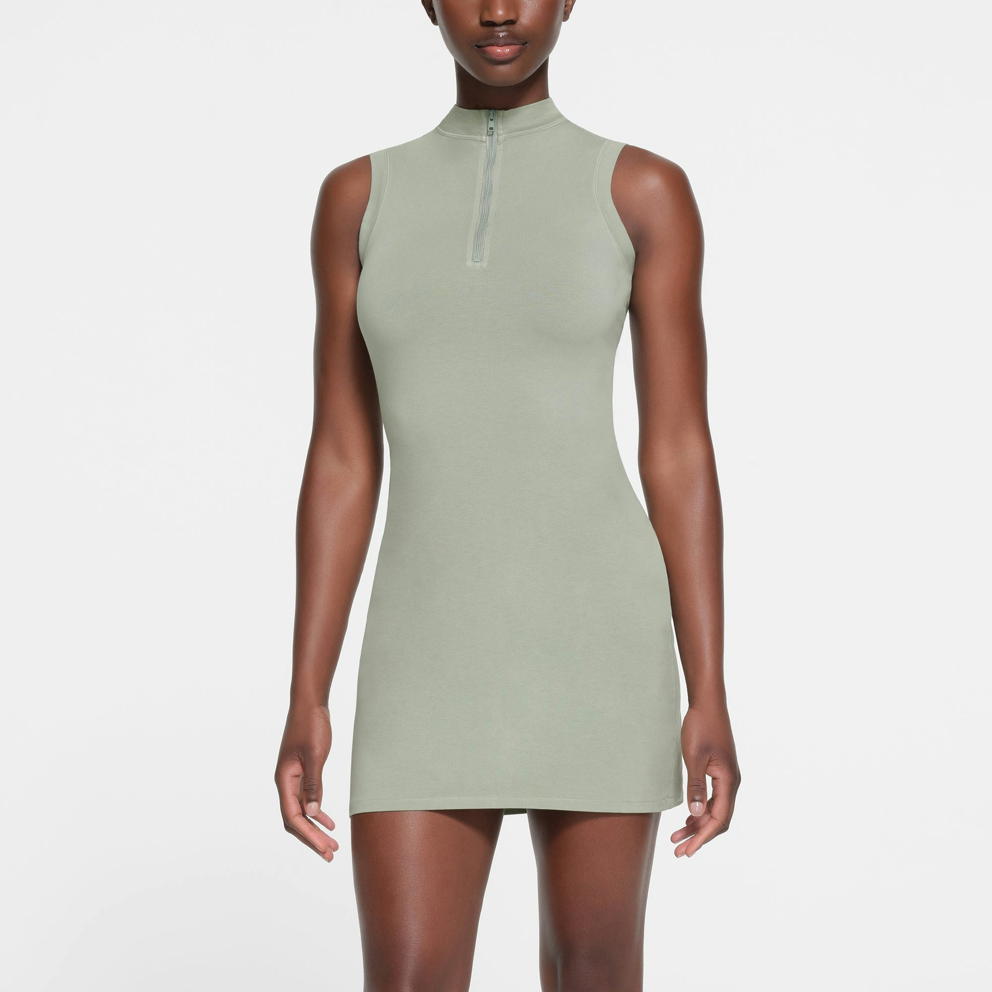 NEW VINTAGE ZIP UP SLEEVELESS MINI DRESS | MINERAL ON A MODEL FRONT VIEW