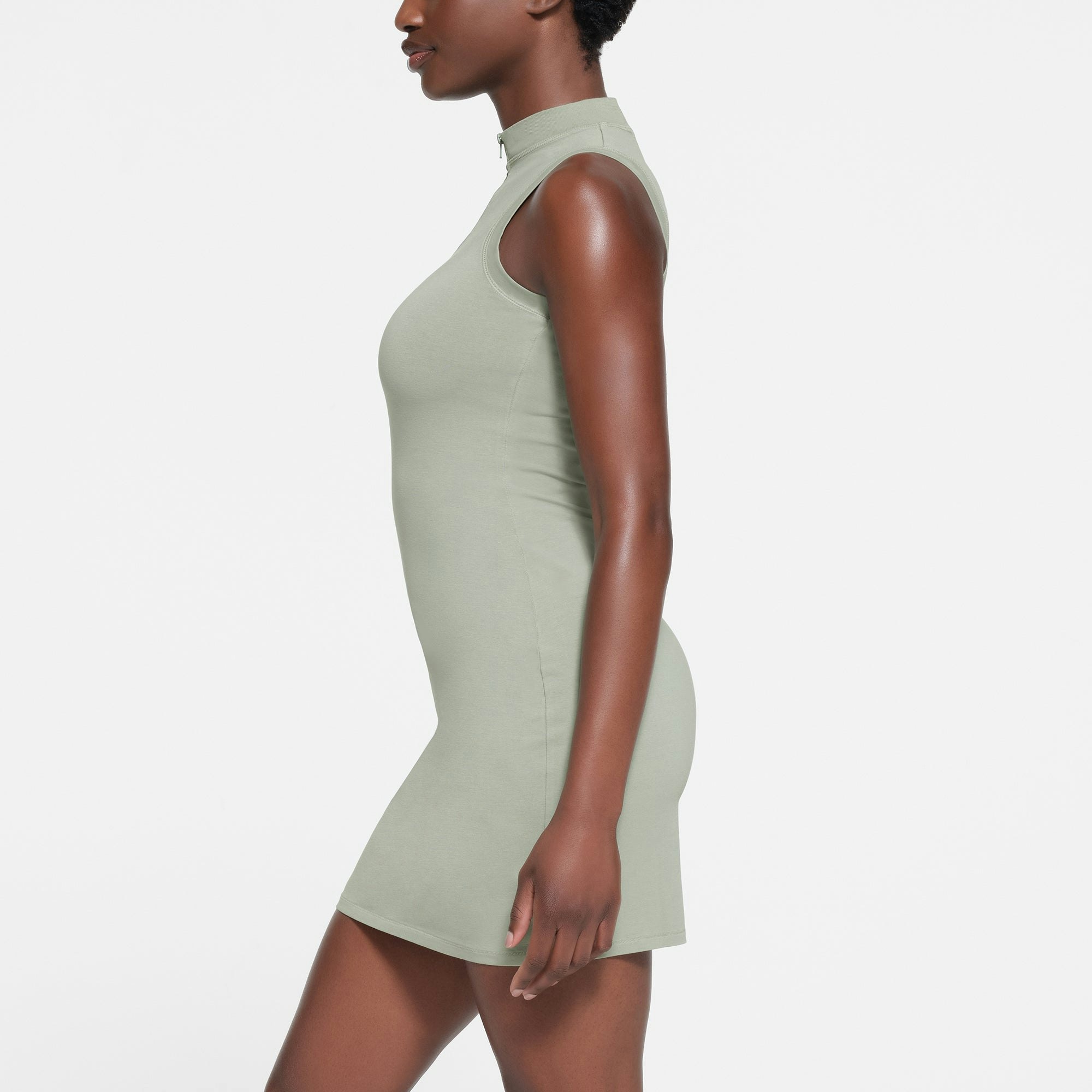 NEW VINTAGE ZIP UP SLEEVELESS MINI DRESS | MINERAL ON A MODEL SIDE VIEW
