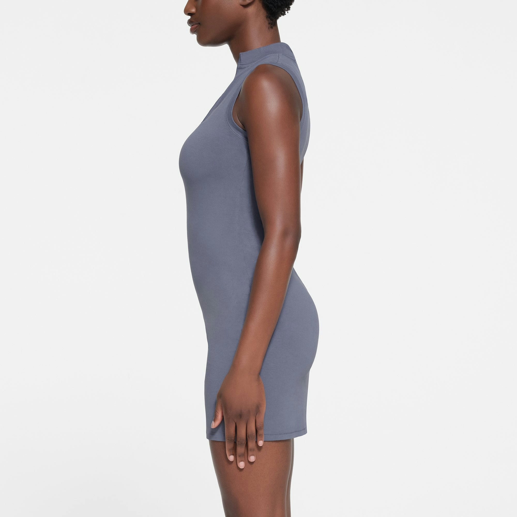 NEW VINTAGE ZIP UP SLEEVELESS MINI DRESS | STEEL BLUE ON A MODEL SIDE VIEW