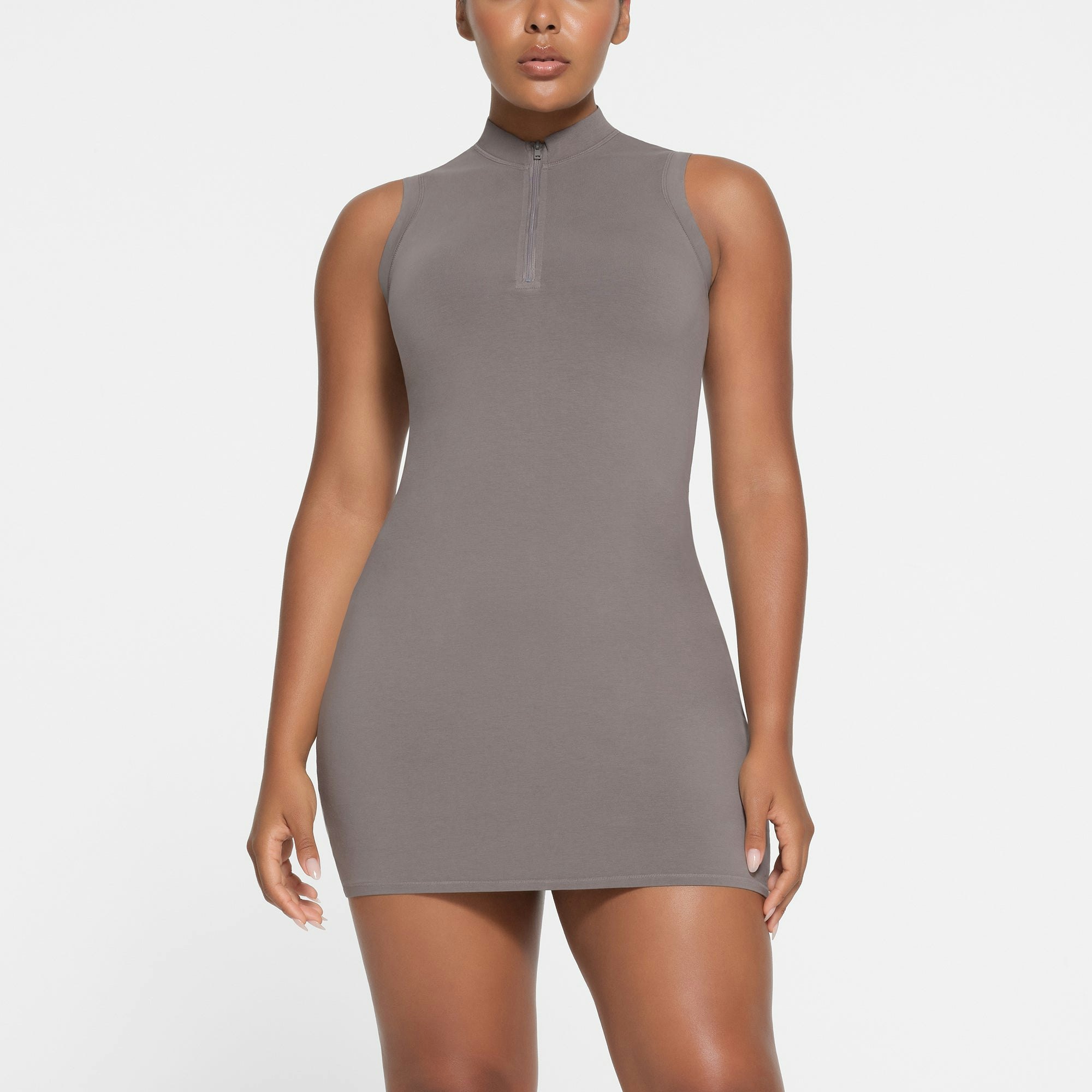 NEW VINTAGE ZIP UP SLEEVELESS MINI DRESS | SMOKE ON A MODEL FRONT VIEW