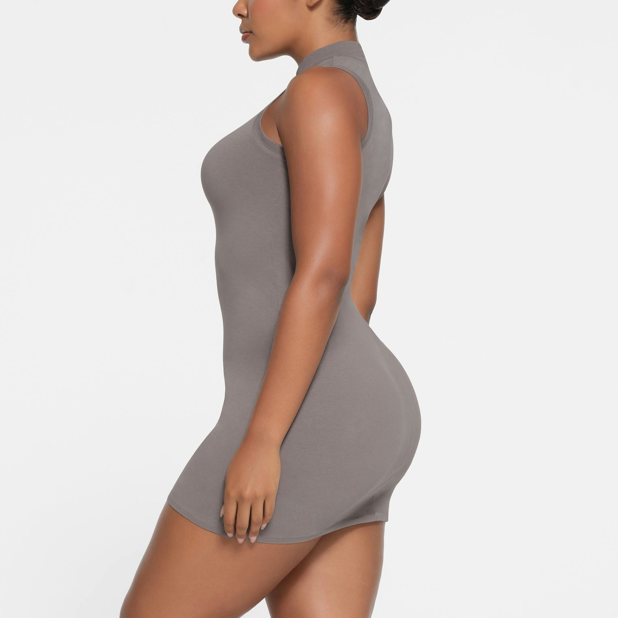 NEW VINTAGE ZIP UP SLEEVELESS MINI DRESS | SMOKE ON A MODEL SIDE VIEW