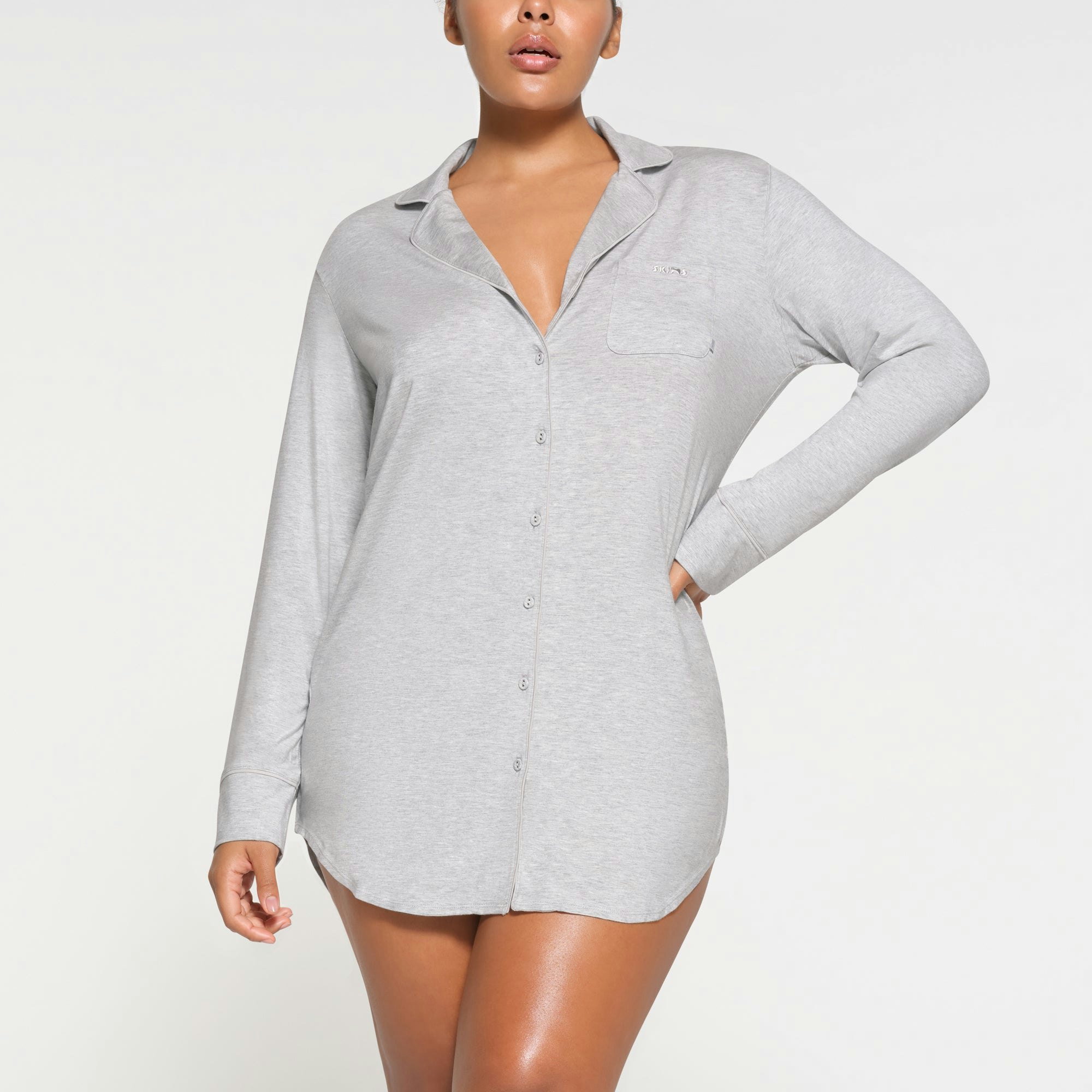 SKIMS SLEEP BUTTON UP MINI DRESS | LIGHT HEATHER GREY ON A MODEL FRONT VIEW
