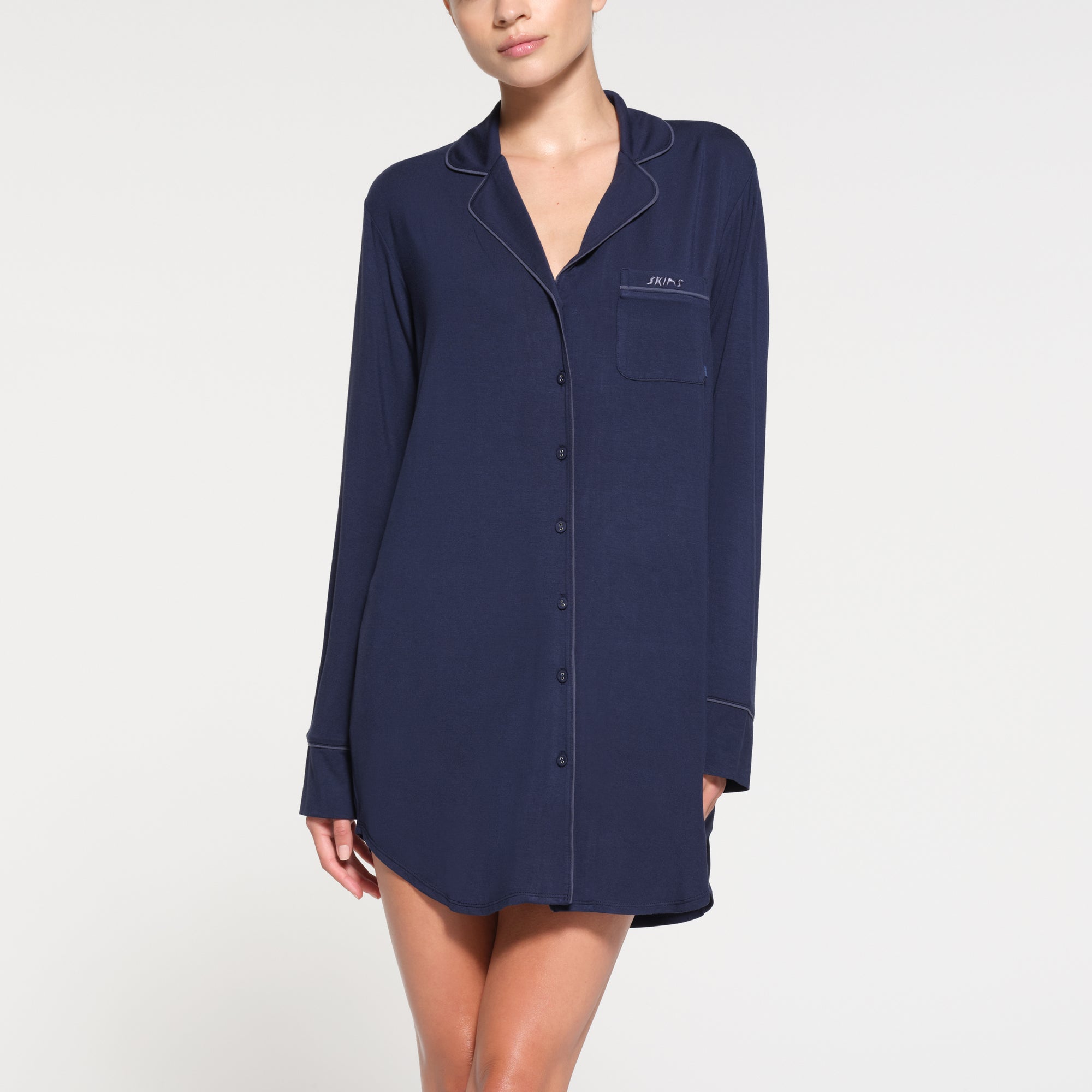 Navy blue button down dress clearance