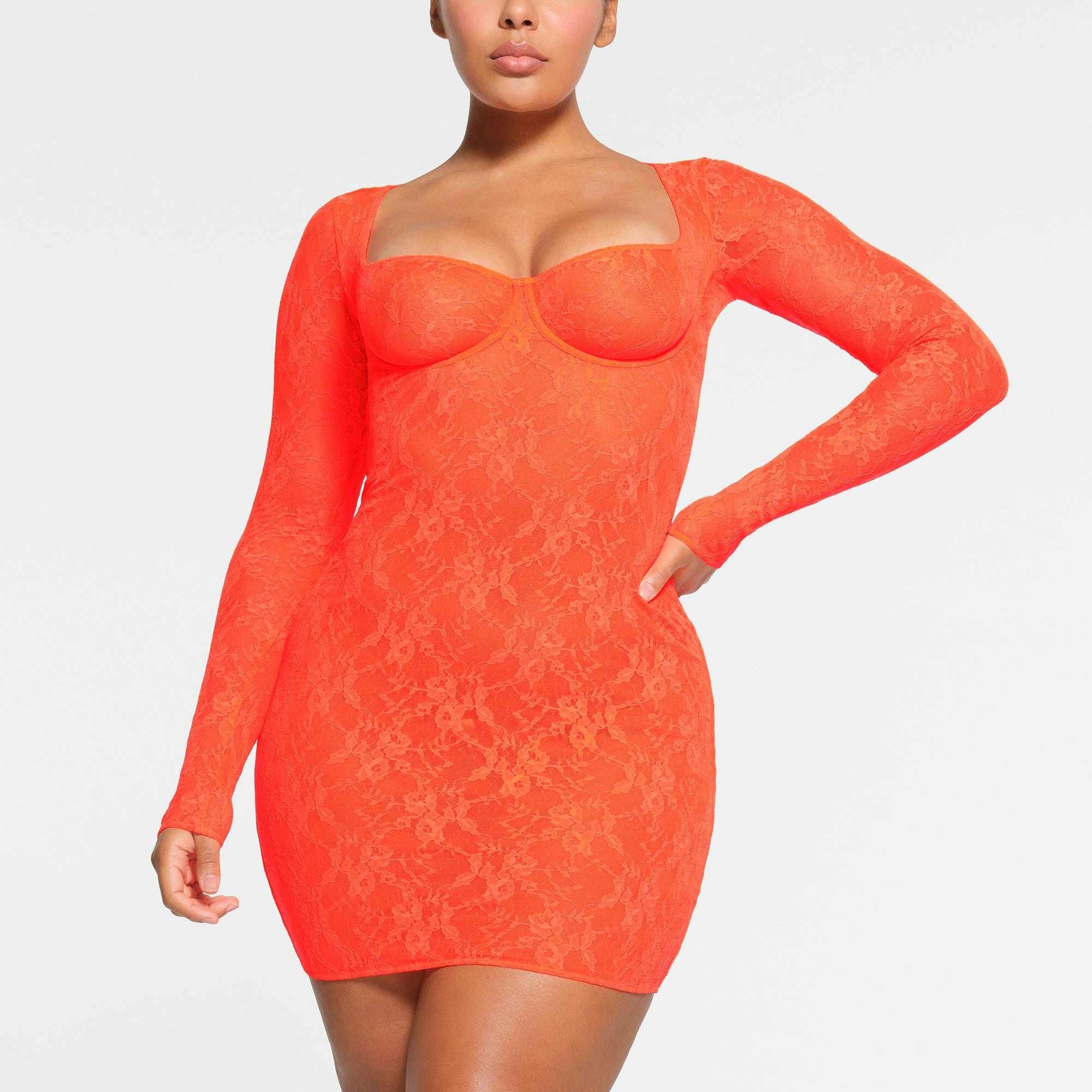 STRETCH LACE LINED LONG SLEEVE UNDERWIRE DRESS | SUNSET ON A MODEL FRONT VIEW