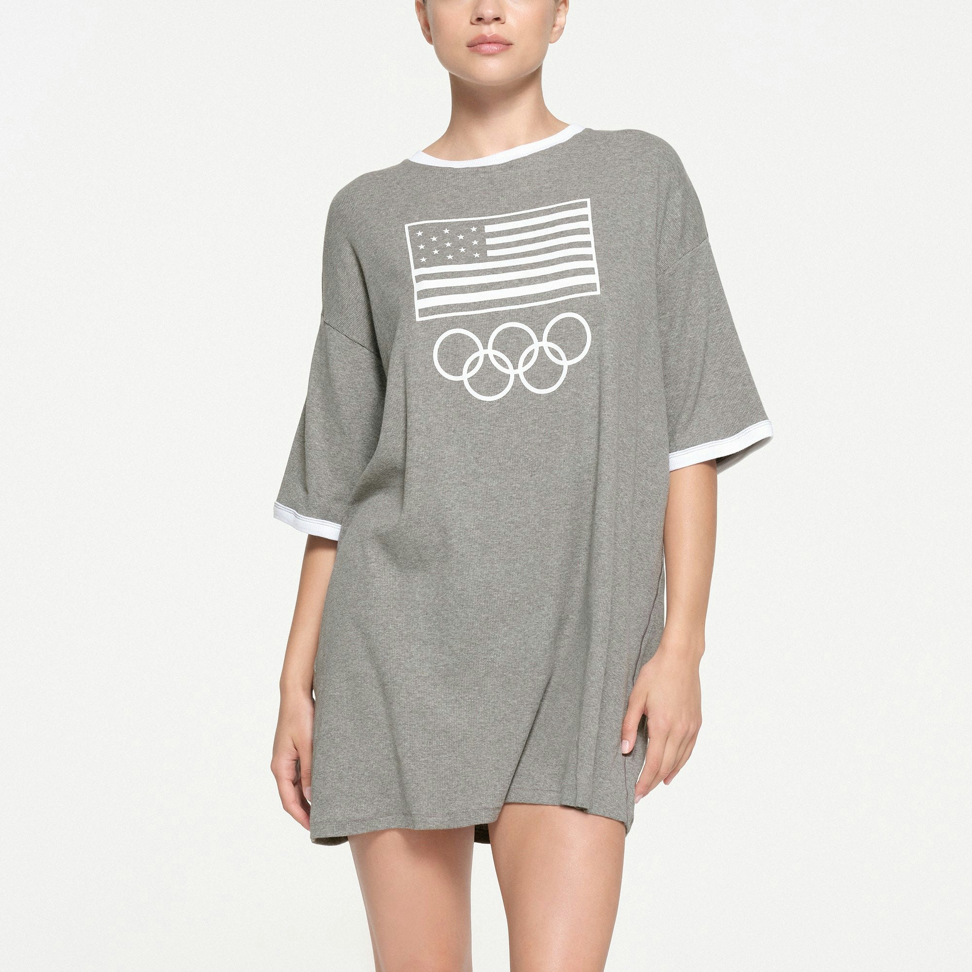 SKIMS FOR TEAM USA COTTON RIB OLYMPIC T-SHIRT MINI DRESS | HEATHER GREY ON A MODEL FRONT VIEW