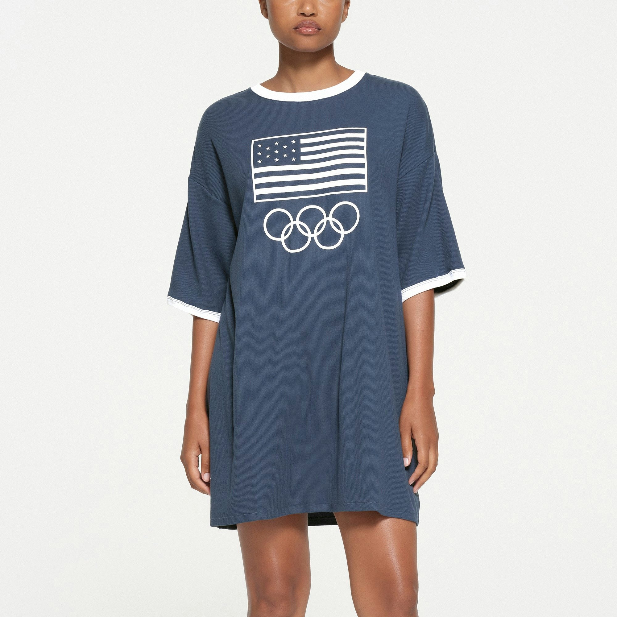 SKIMS FOR TEAM USA COTTON RIB OLYMPIC T-SHIRT MINI DRESS | NAVY ON A MODEL FRONT VIEW
