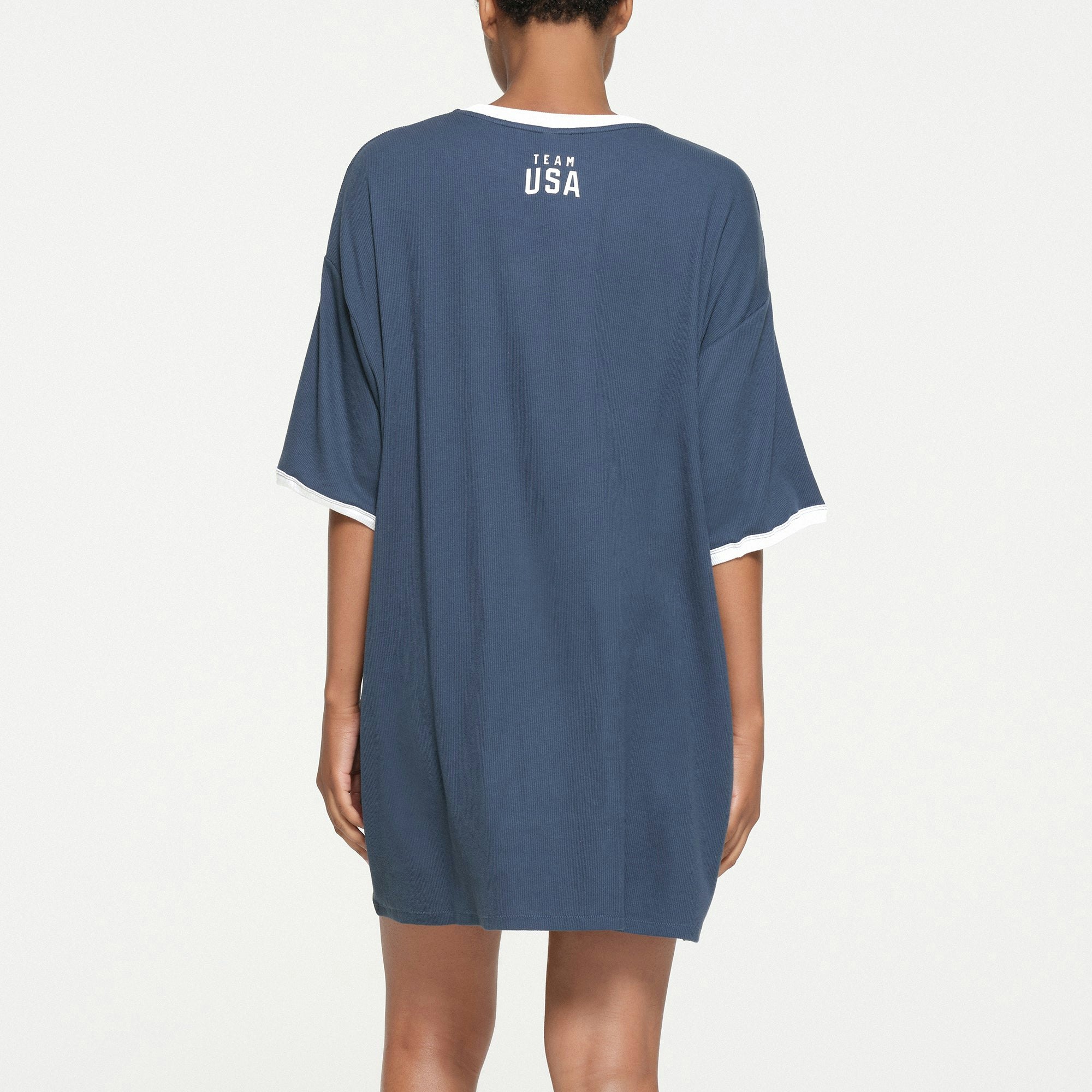 SKIMS FOR TEAM USA COTTON RIB OLYMPIC T-SHIRT MINI DRESS | NAVY ON A MODEL BACK VIEW
