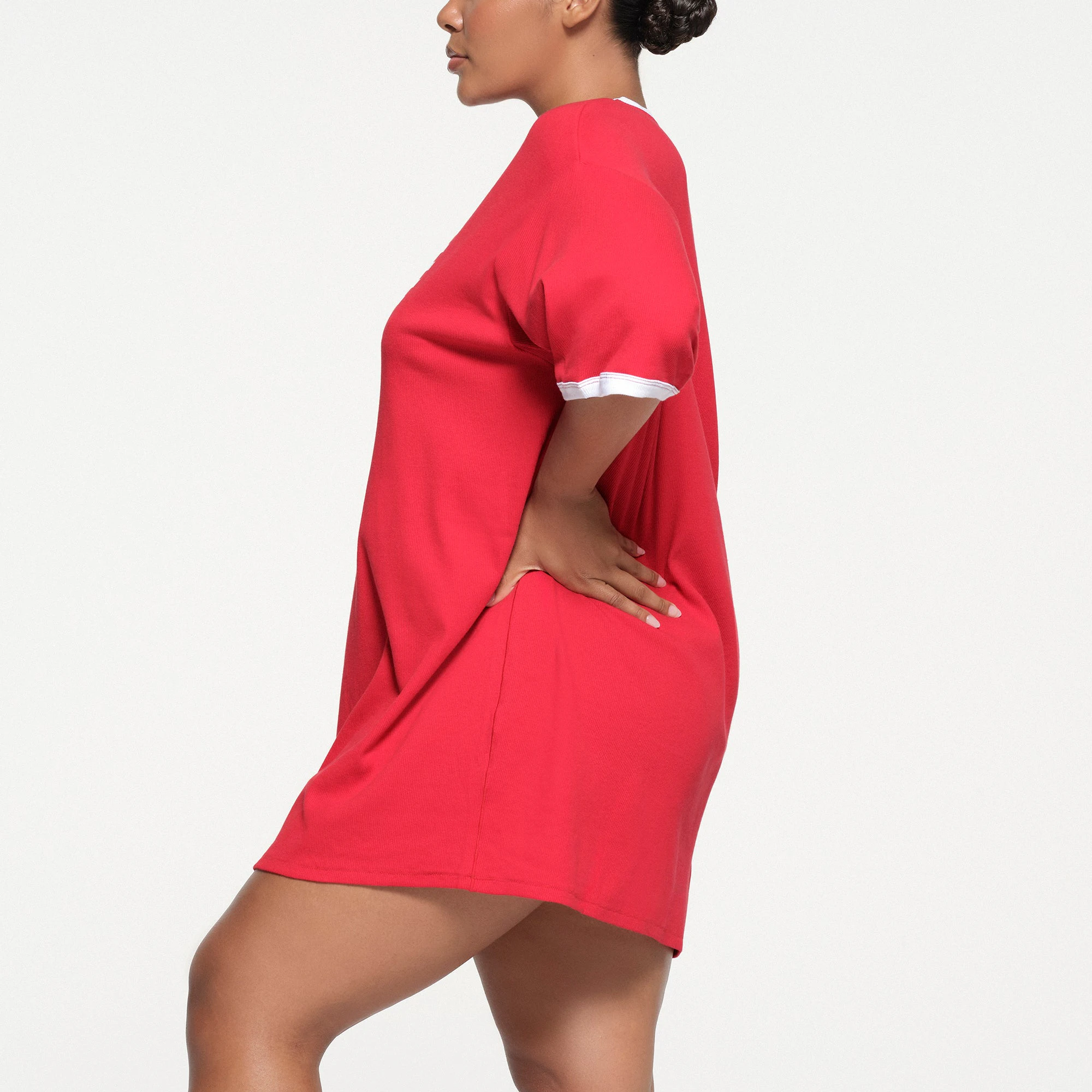 SKIMS FOR TEAM USA COTTON RIB OLYMPIC T-SHIRT MINI DRESS | RED ON A MODEL SIDE VIEW