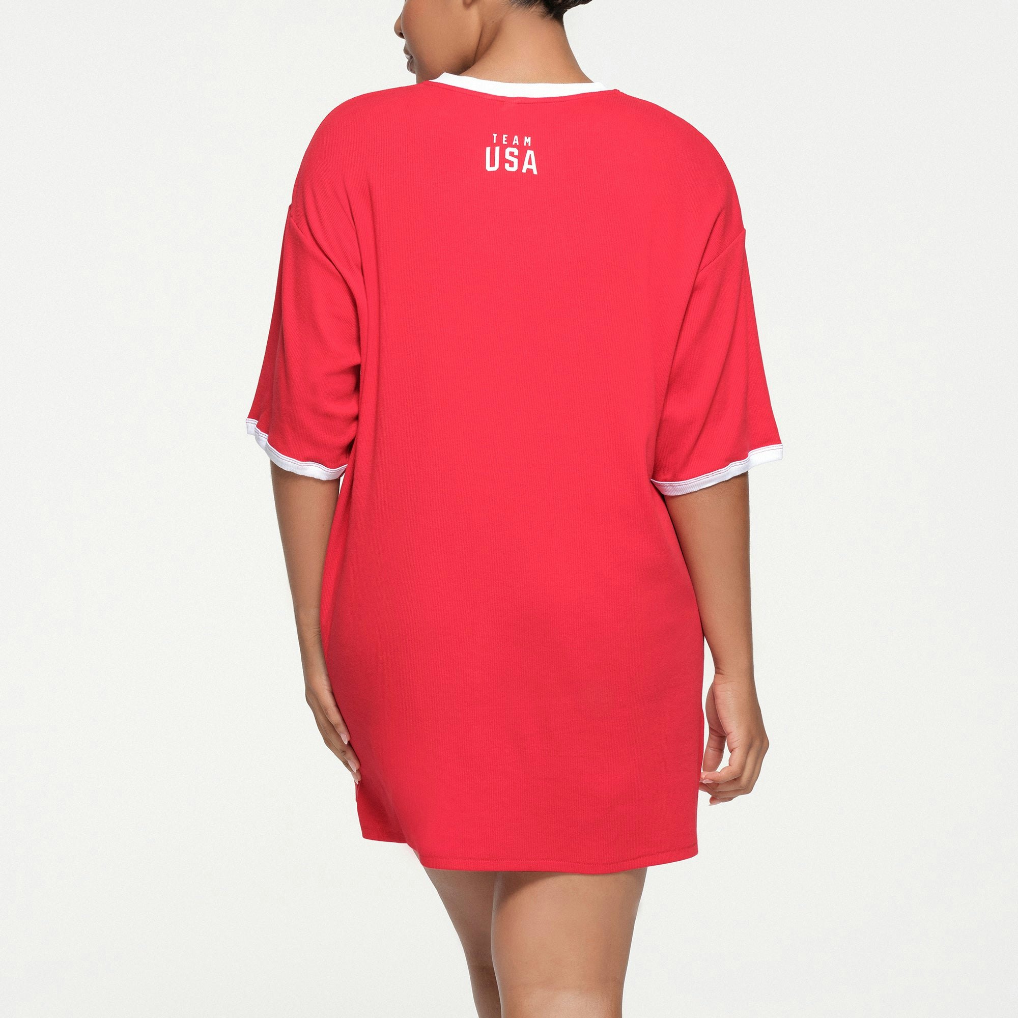 SKIMS FOR TEAM USA COTTON RIB OLYMPIC T-SHIRT MINI DRESS | RED ON A MODEL BACK VIEW