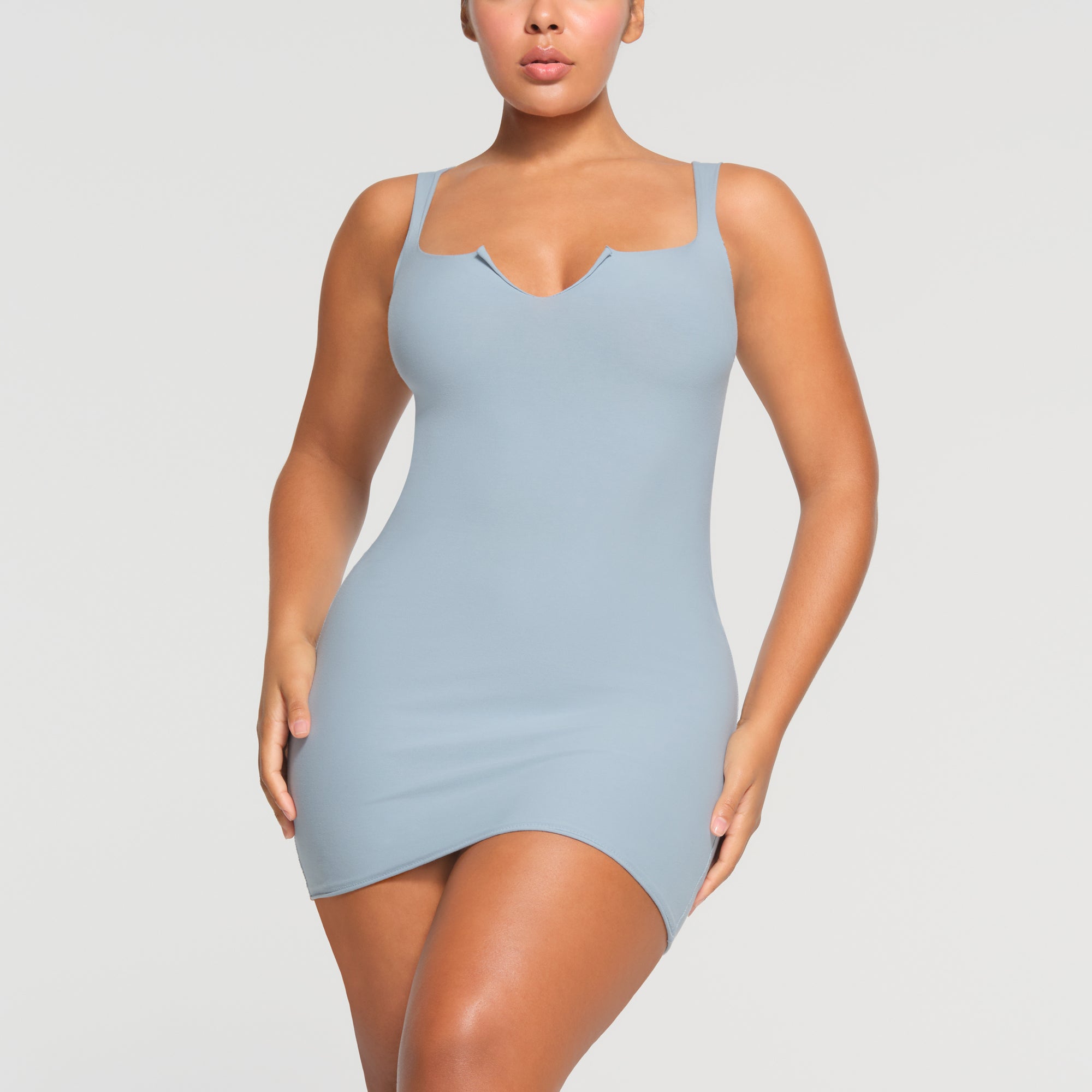 RAW EDGE SLIT FRONT MINI DRESS DENIM