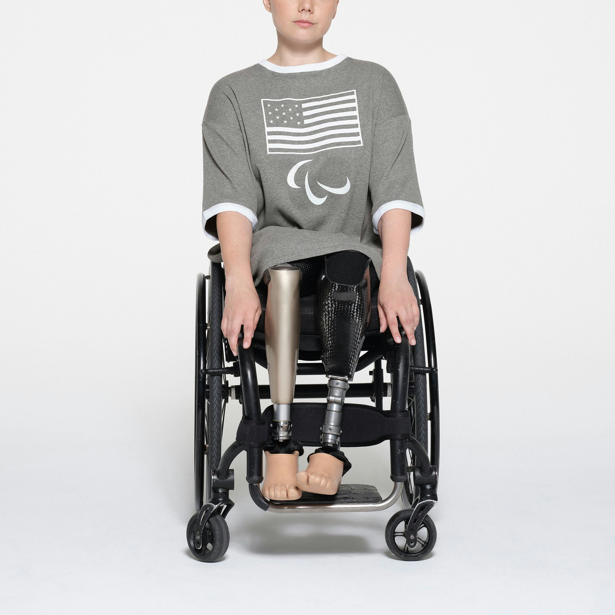 SKIMS FOR TEAM USA COTTON RIB PARALYMPIC T-SHIRT MINI DRESS | HEATHER GREY ON A MODEL FRONT VIEW | FOCUS: 0.1, 1, 0.9