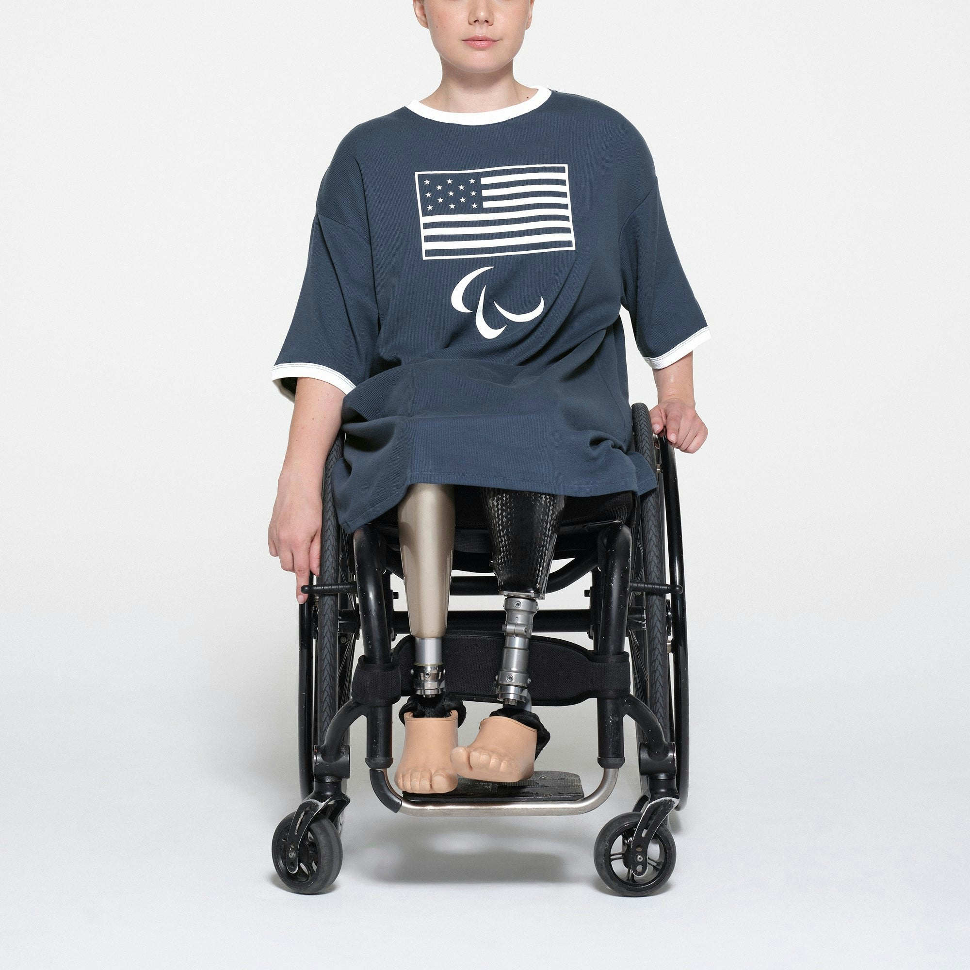 SKIMS FOR TEAM USA COTTON RIB PARALYMPIC T-SHIRT MINI DRESS | NAVY ON A MODEL FRONT VIEW | FOCUS: 0.1, 1, 0.9