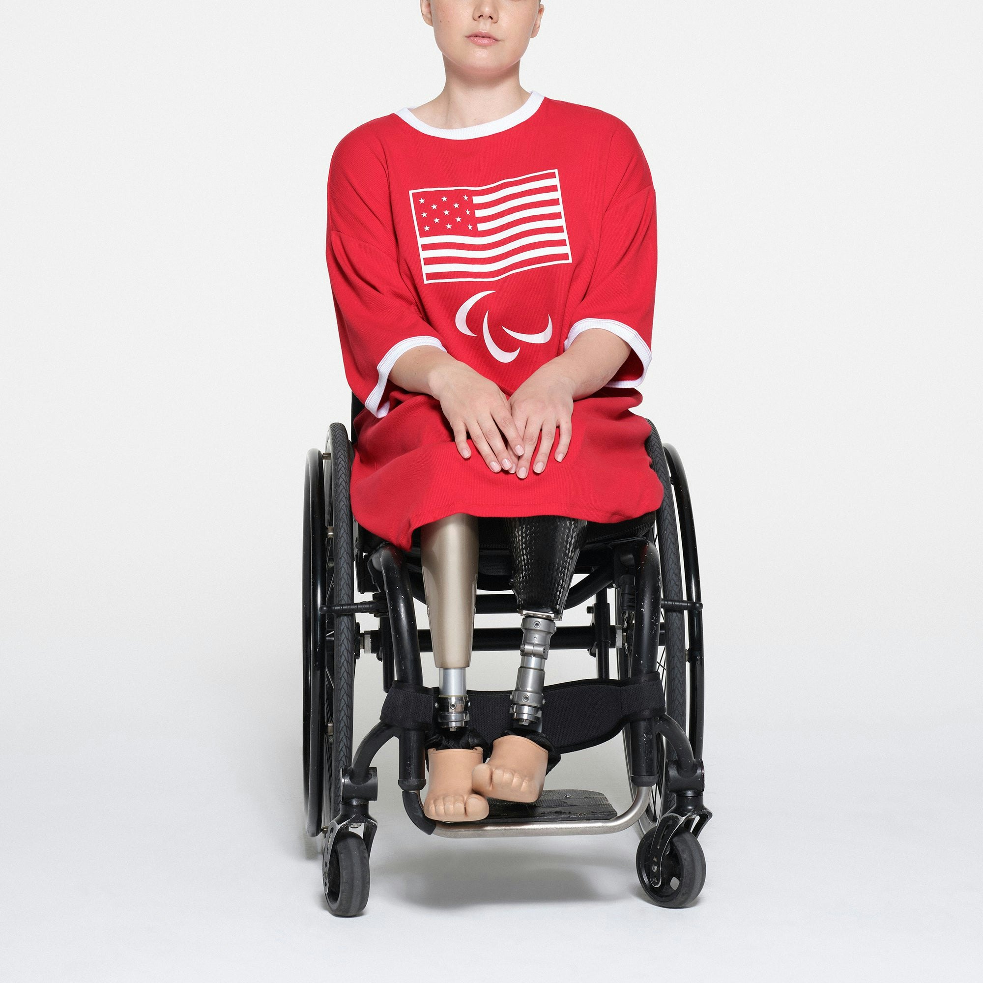 SKIMS FOR TEAM USA COTTON RIB PARALYMPIC T-SHIRT MINI DRESS | RED ON A MODEL FRONT VIEW | FOCUS: 0.1, 1, 0.9