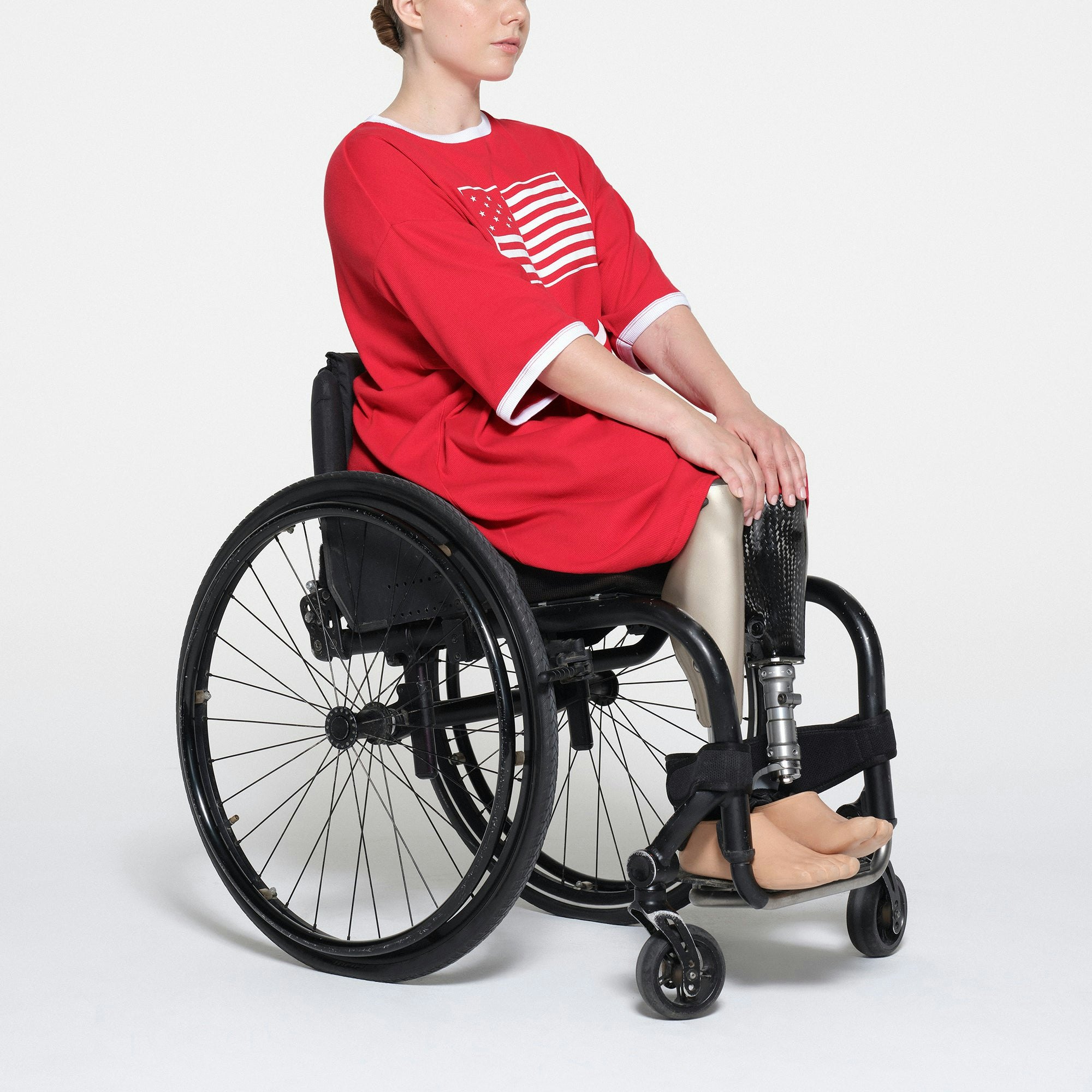 SKIMS FOR TEAM USA COTTON RIB PARALYMPIC T-SHIRT MINI DRESS | RED ON A MODEL SIDE VIEW