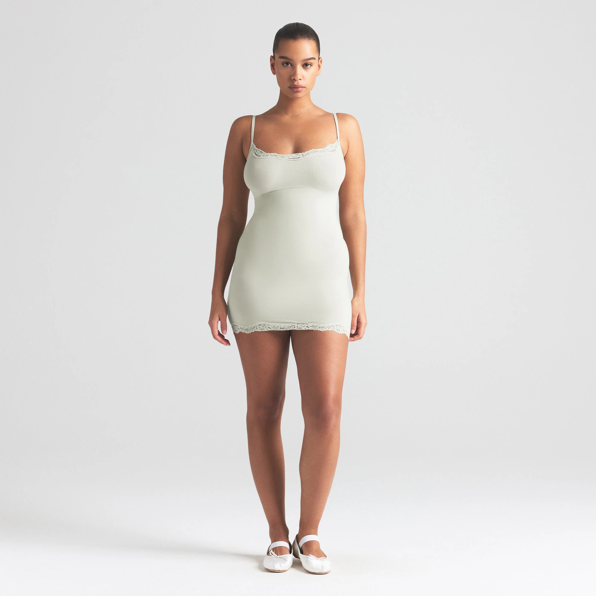 FITS EVERYBODY LACE SLIP DRESS | SPEARMINT ON A MODEL FRONT VIEW | FOCUS: 0.0, 1.0, 0.9