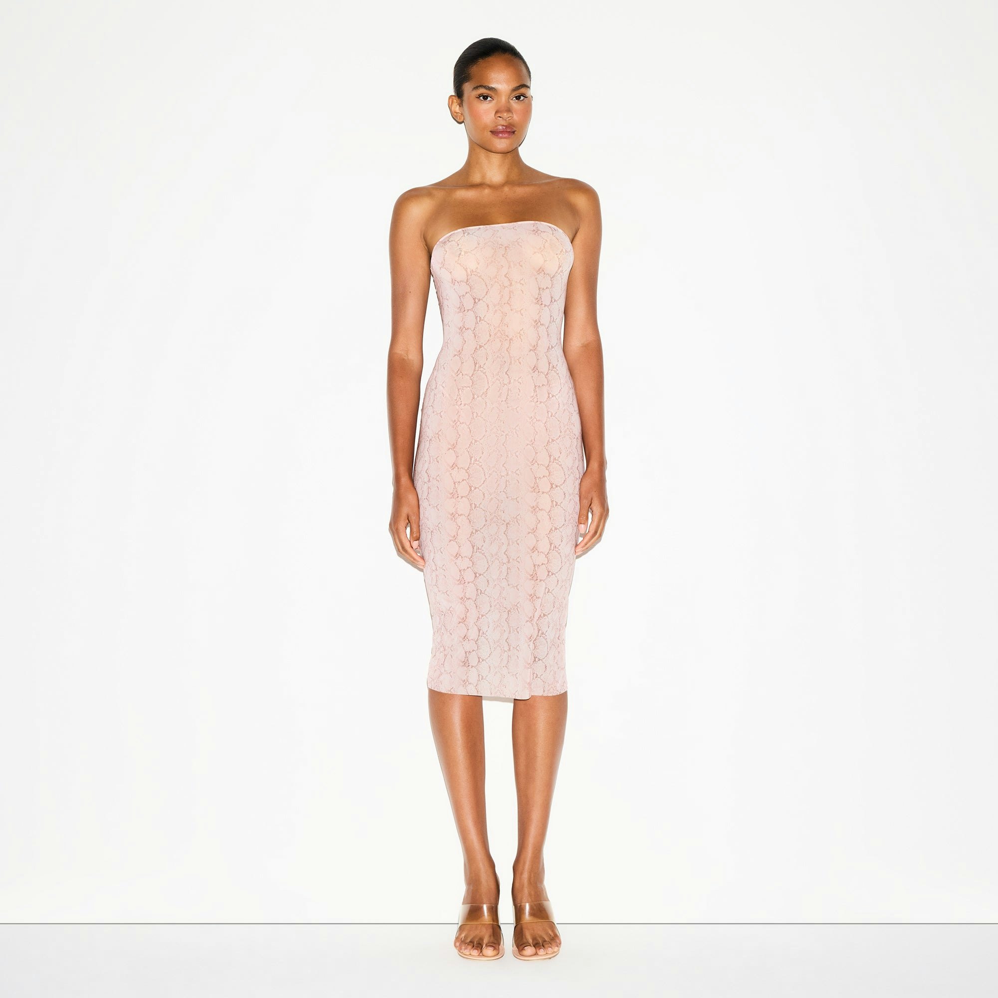 MILKY SHEER MIDI TUBE DRESS | ROSE PASTEL SNAKE PRINT ON A MODEL FRONT VIEW @ | FOCUS: 0.0, 1.0, 0.9