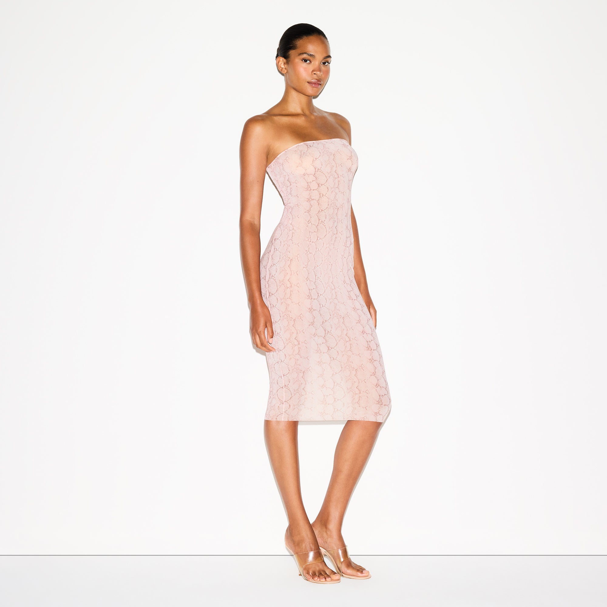 MILKY SHEER MIDI TUBE DRESS | ROSE PASTEL SNAKE PRINT ON A MODEL FRONT VIEW @ | FOCUS: 0.0, 1.0, 0.9