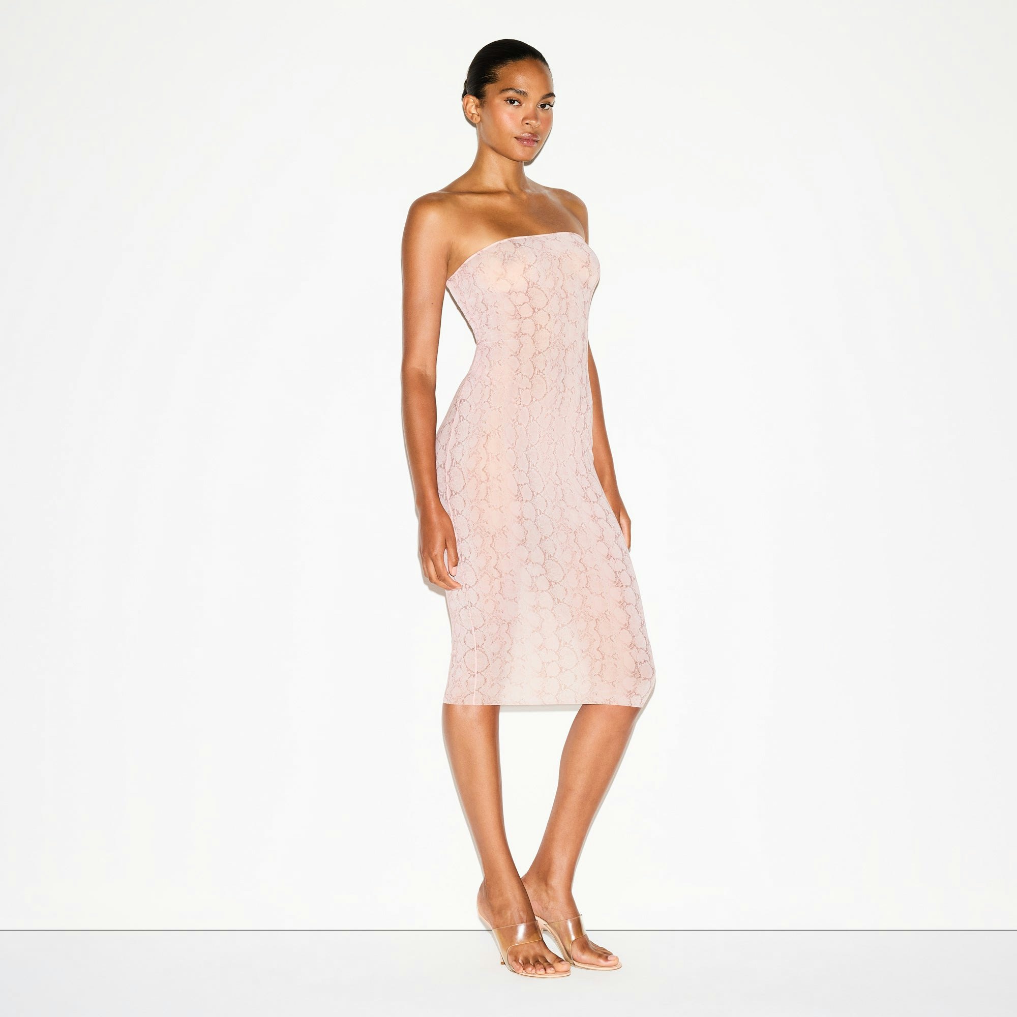 MILKY SHEER MIDI TUBE DRESS | ROSE PASTEL SNAKE PRINT ON A MODEL FRONT VIEW @ | FOCUS: 0.0, 1.0, 0.9