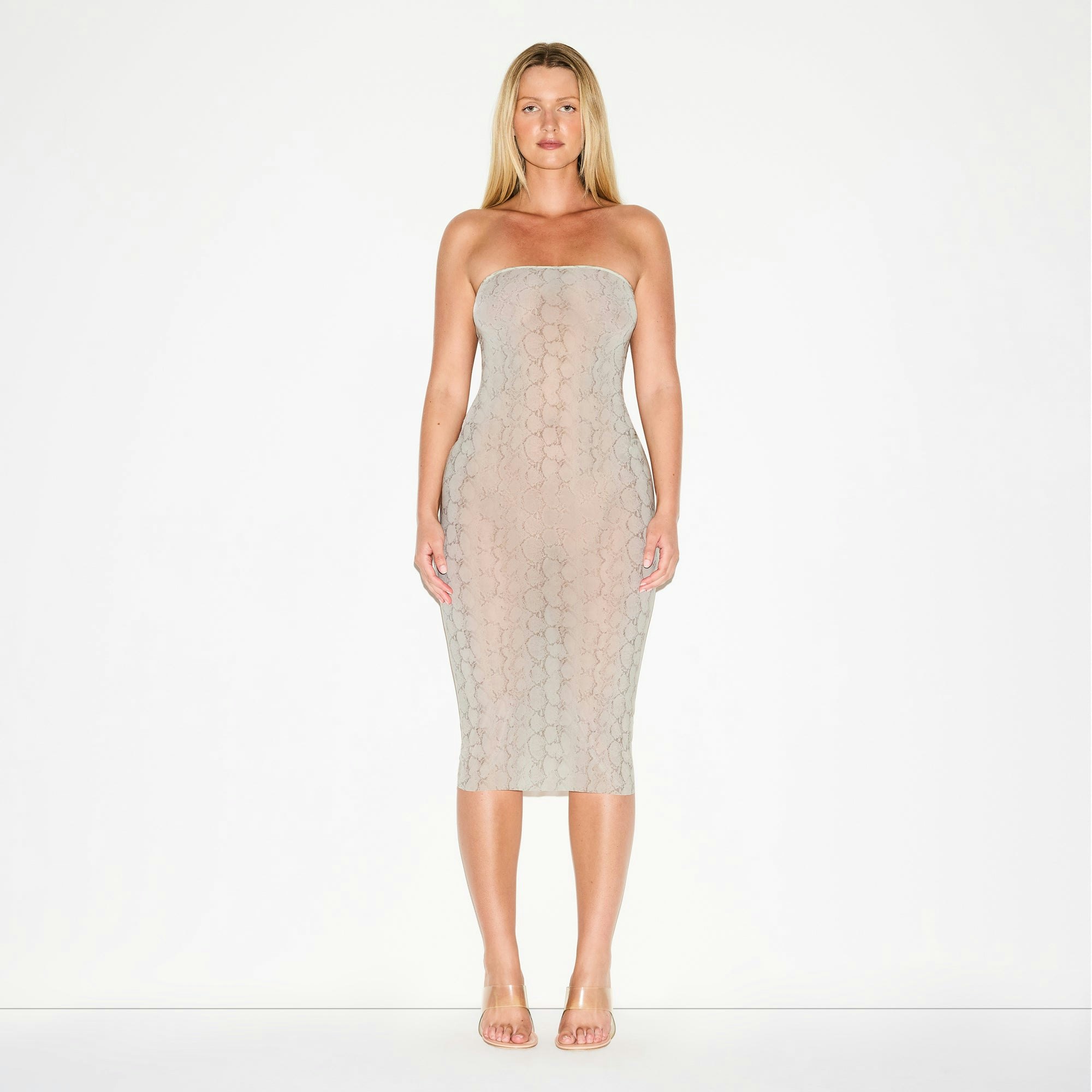 MILKY SHEER MIDI TUBE DRESS | STONE PASTEL SNAKE PRINT ON A MODEL FRONT VIEW @ | FOCUS: 0.0, 1.0, 0.9