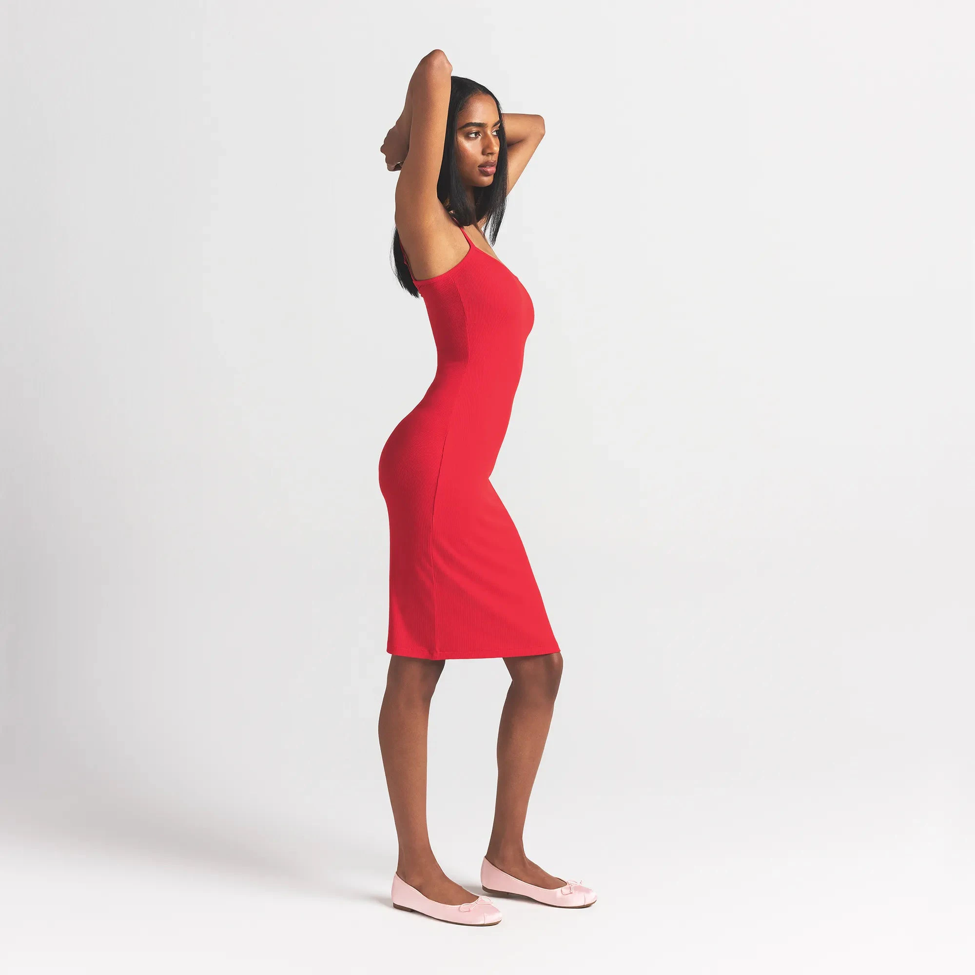 SOFT LOUNGE MIDI SLIP DRESS | CHERRY ON A MODEL SIDE VIEW @ | FOCUS: 0.0, 1.0, 0.9