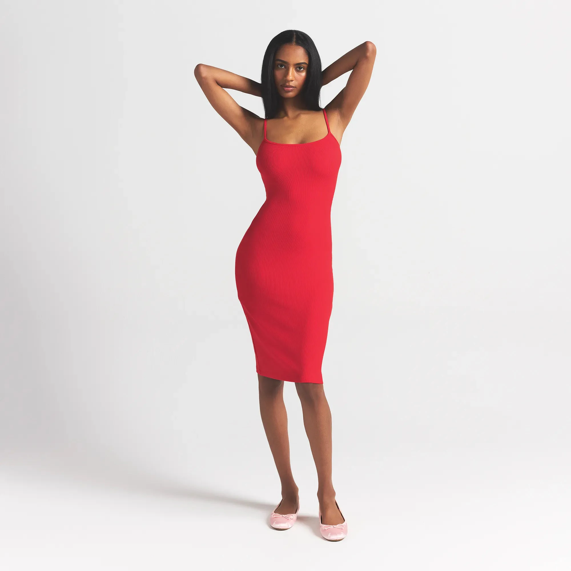 SOFT LOUNGE MIDI SLIP DRESS | CHERRY ON A MODEL FRONT VIEW @ | FOCUS: 0.0, 1.0, 0.9