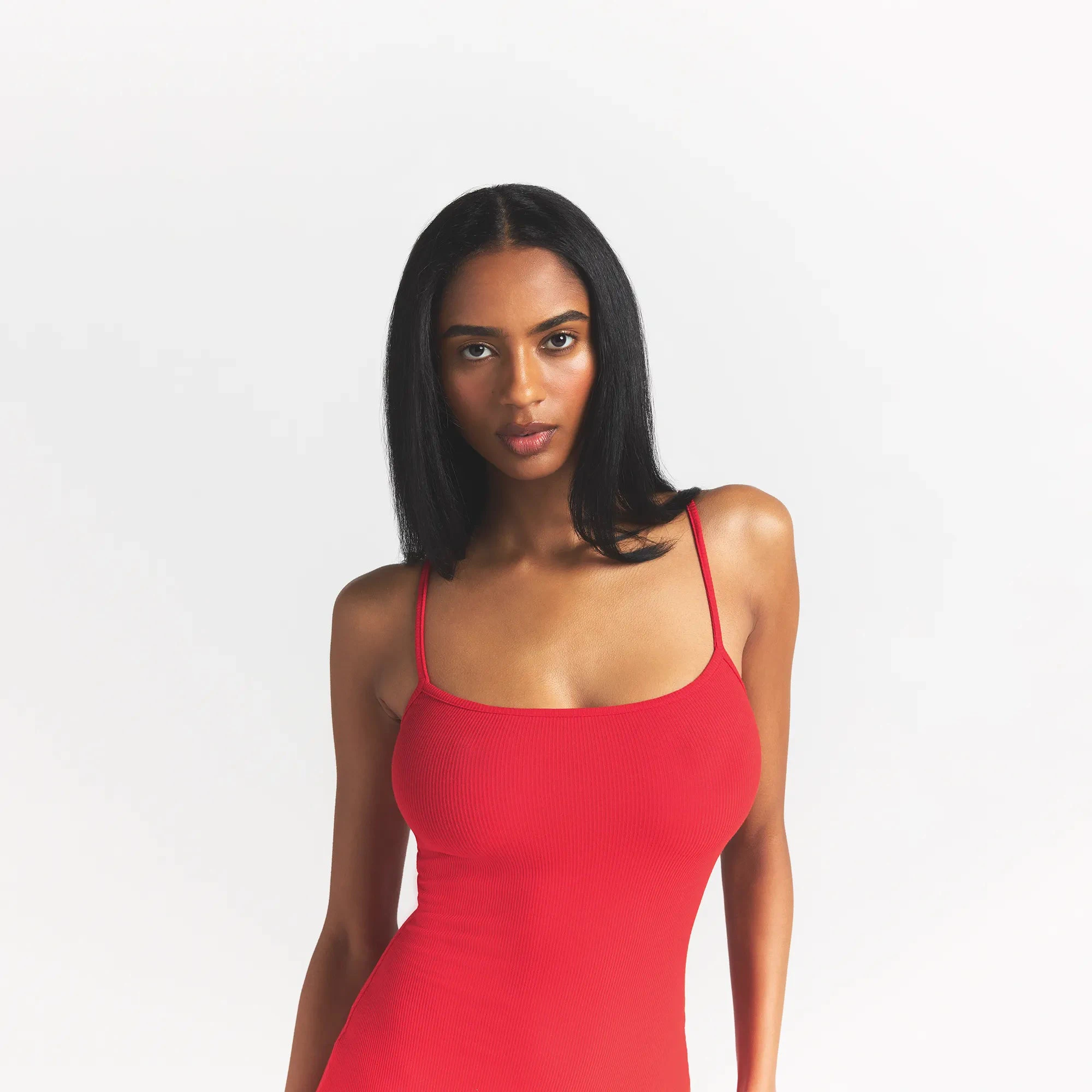 SOFT LOUNGE MIDI SLIP DRESS | CHERRY ON A MODEL FRONT VIEW @ | FOCUS: 0.0, 1.0, 0.9