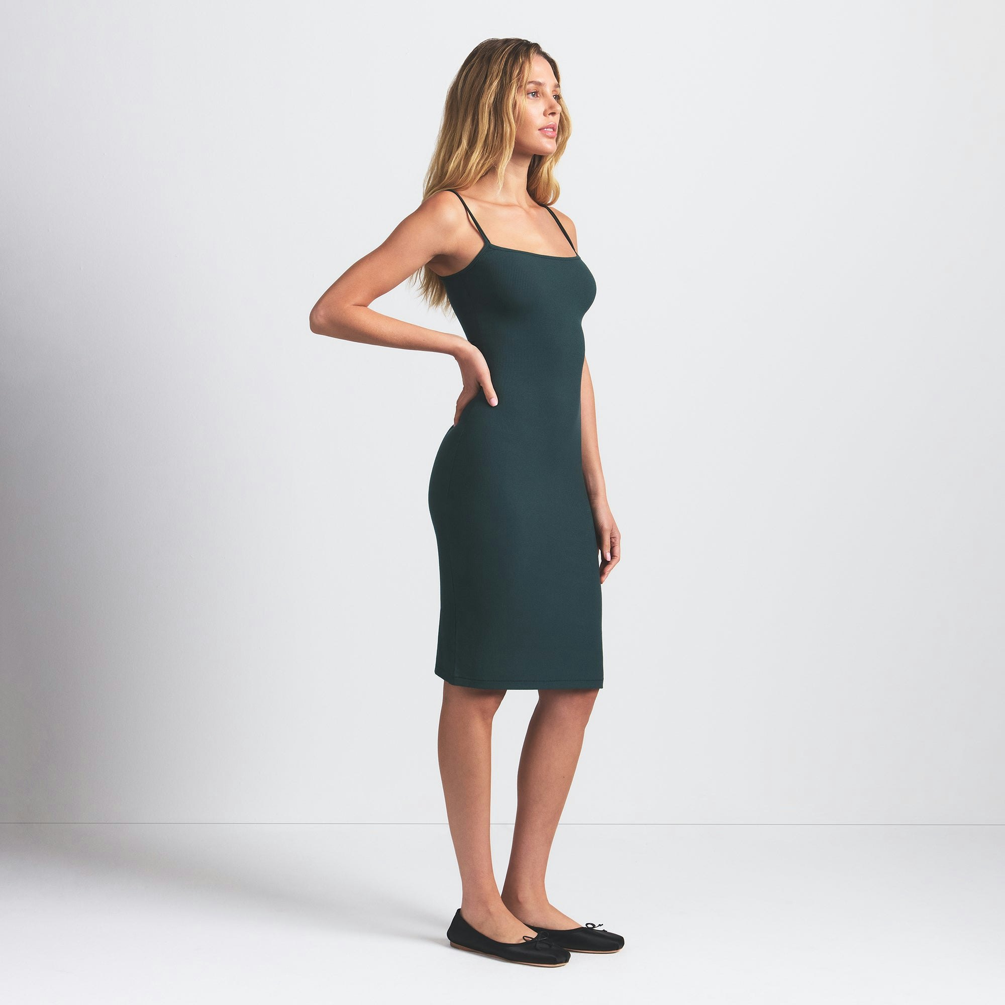 SOFT LOUNGE MIDI SLIP DRESS | CYPRESS ON A MODEL SIDE VIEW @ | FOCUS: 0.0, 1.0, 0.9