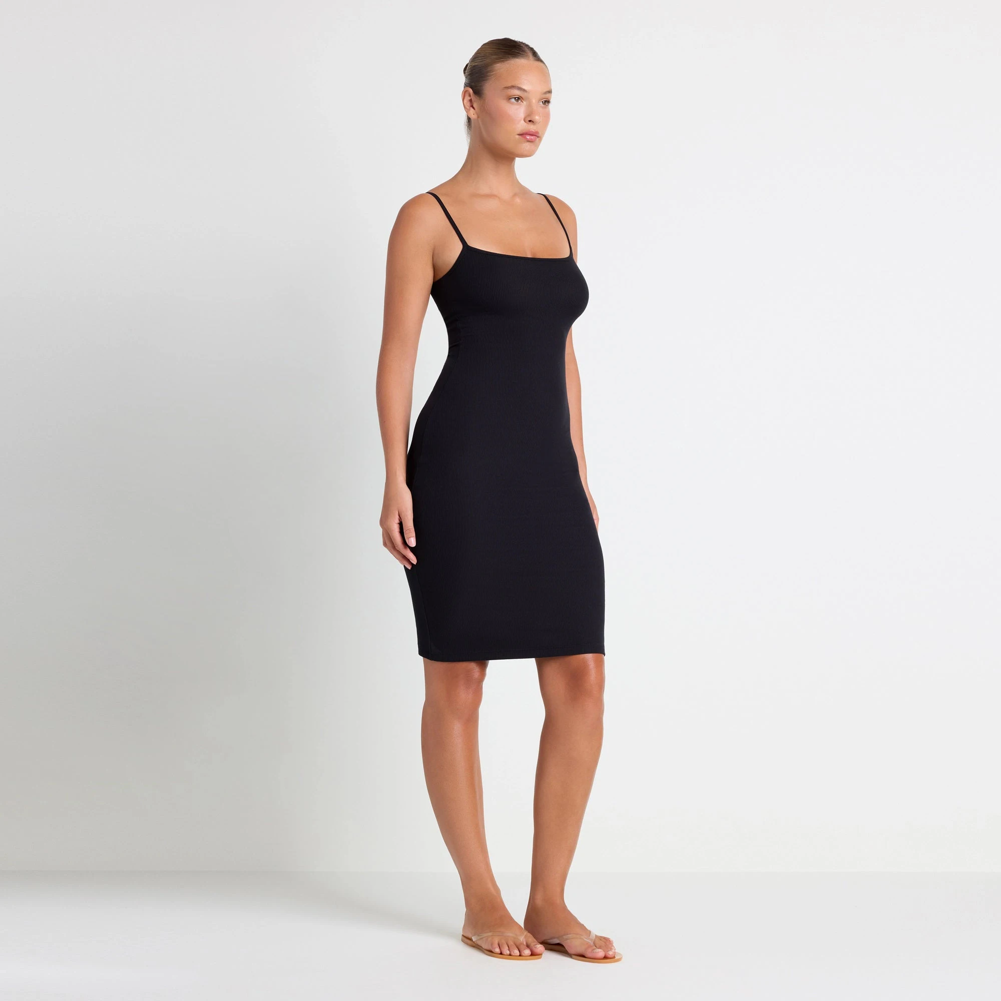 SOFT LOUNGE MIDI SLIP DRESS | ONYX ON A MODEL FRONT VIEW @ | FOCUS: 0.0, 1.0, 0.9