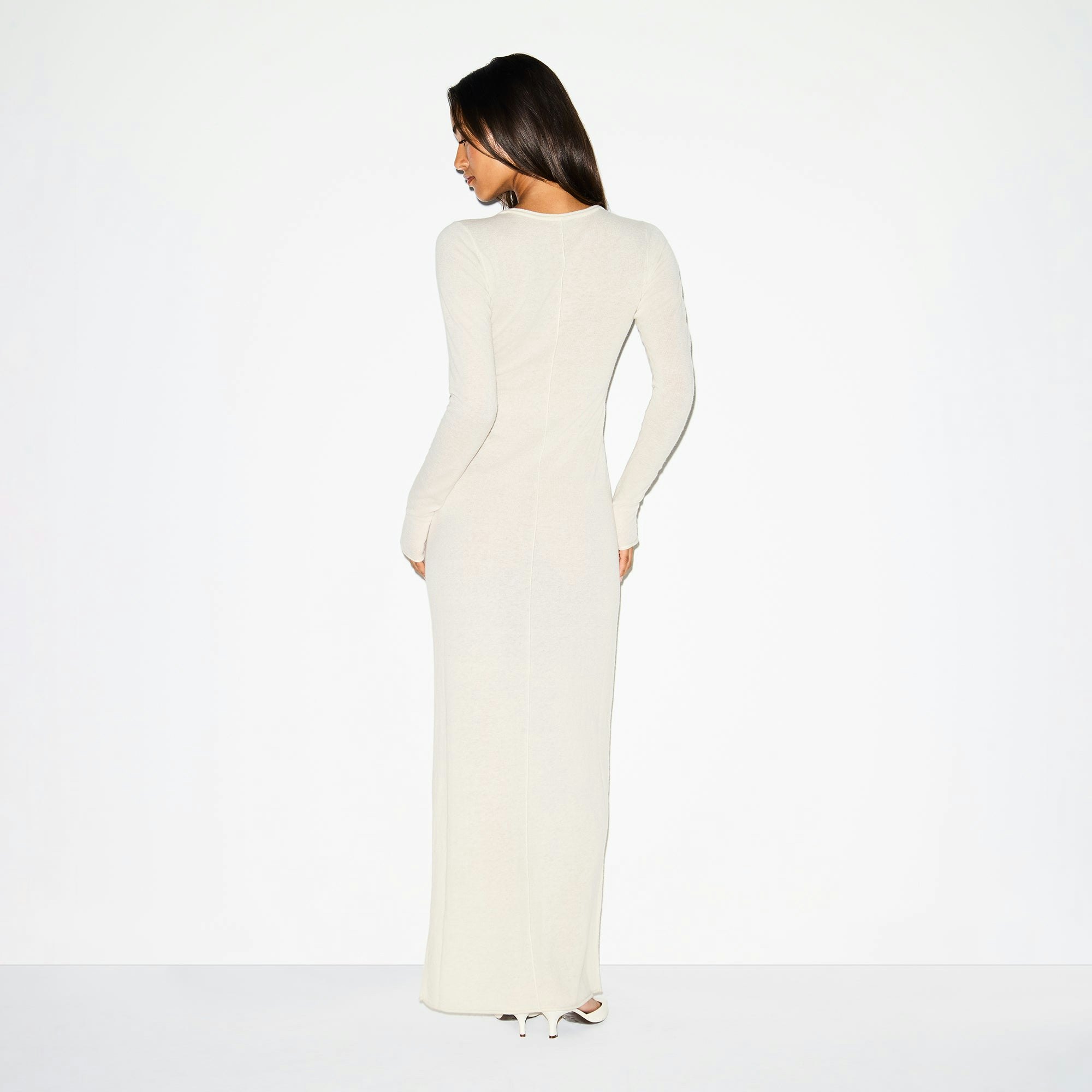FEATHERWEIGHT CASHMERE LONG SLEEVE MAXI DRESS | EGRET ON A MODEL BACK VIEW @ | FOCUS: 0.0, 1.0, 0.9