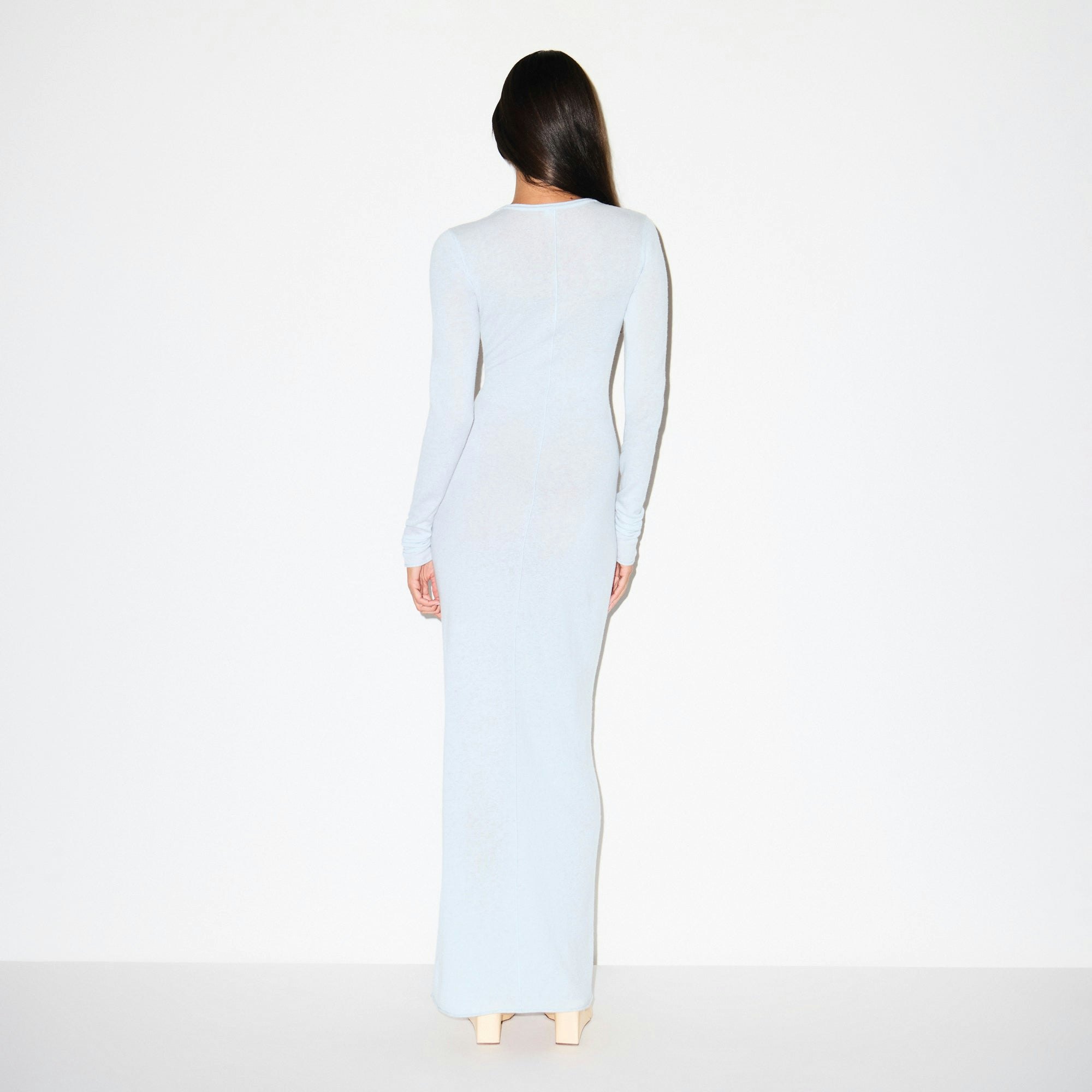 FEATHERWEIGHT CASHMERE LONG SLEEVE MAXI DRESS | PEARL ON A MODEL SIDE VIEW @ | FOCUS: 0.0, 1.0, 0.9