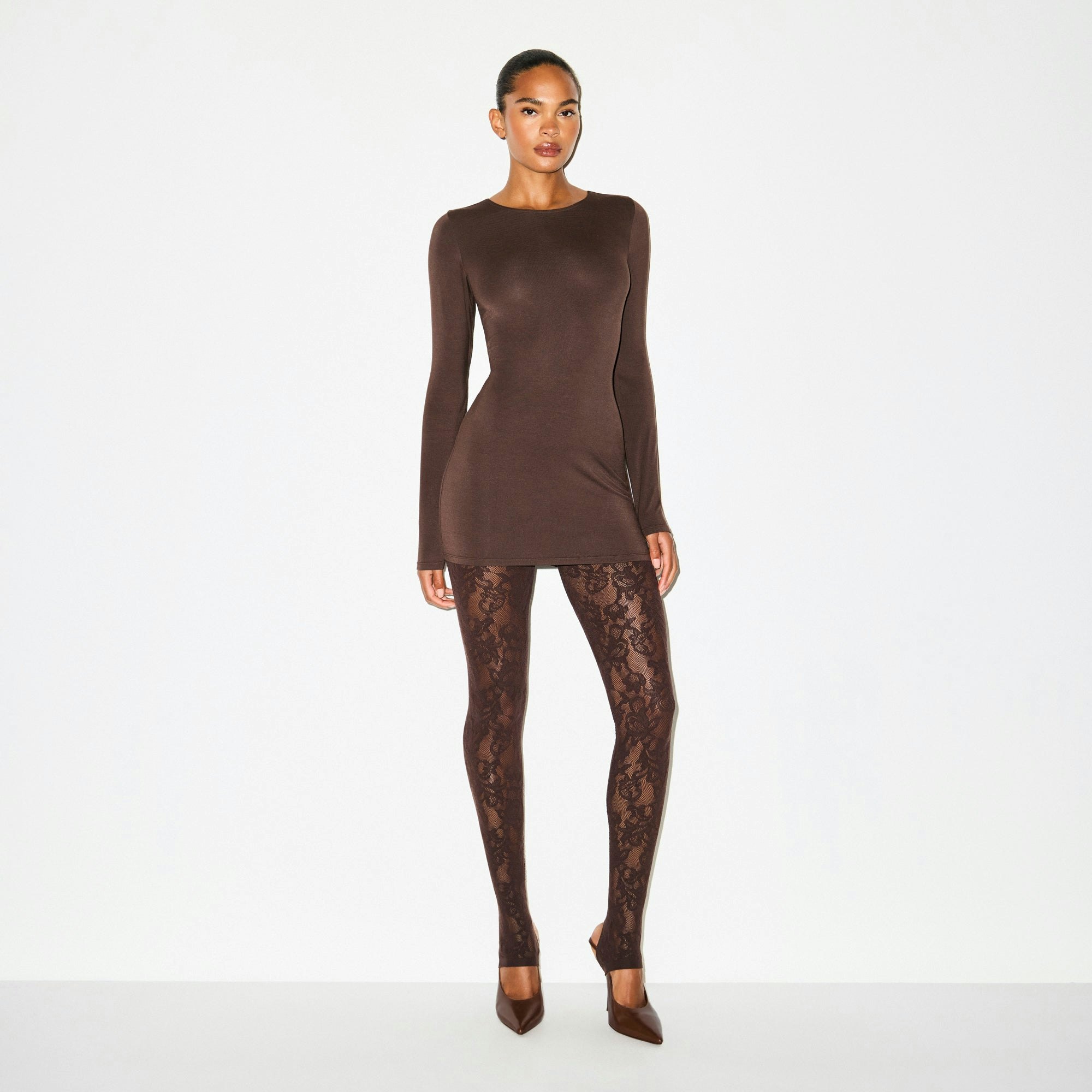 SMOOTH LAYERS CREWNECK MINI DRESS | ESPRESSO ON A MODEL FRONT VIEW @ | FOCUS: 0.0, 1.0, 0.9