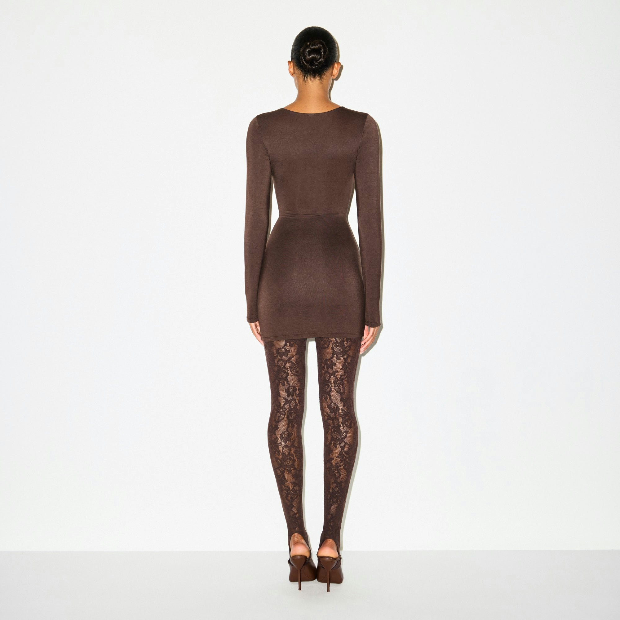 SMOOTH LAYERS CREWNECK MINI DRESS | ESPRESSO ON A MODEL SIDE VIEW @ | FOCUS: 0.0, 1.0, 0.9
