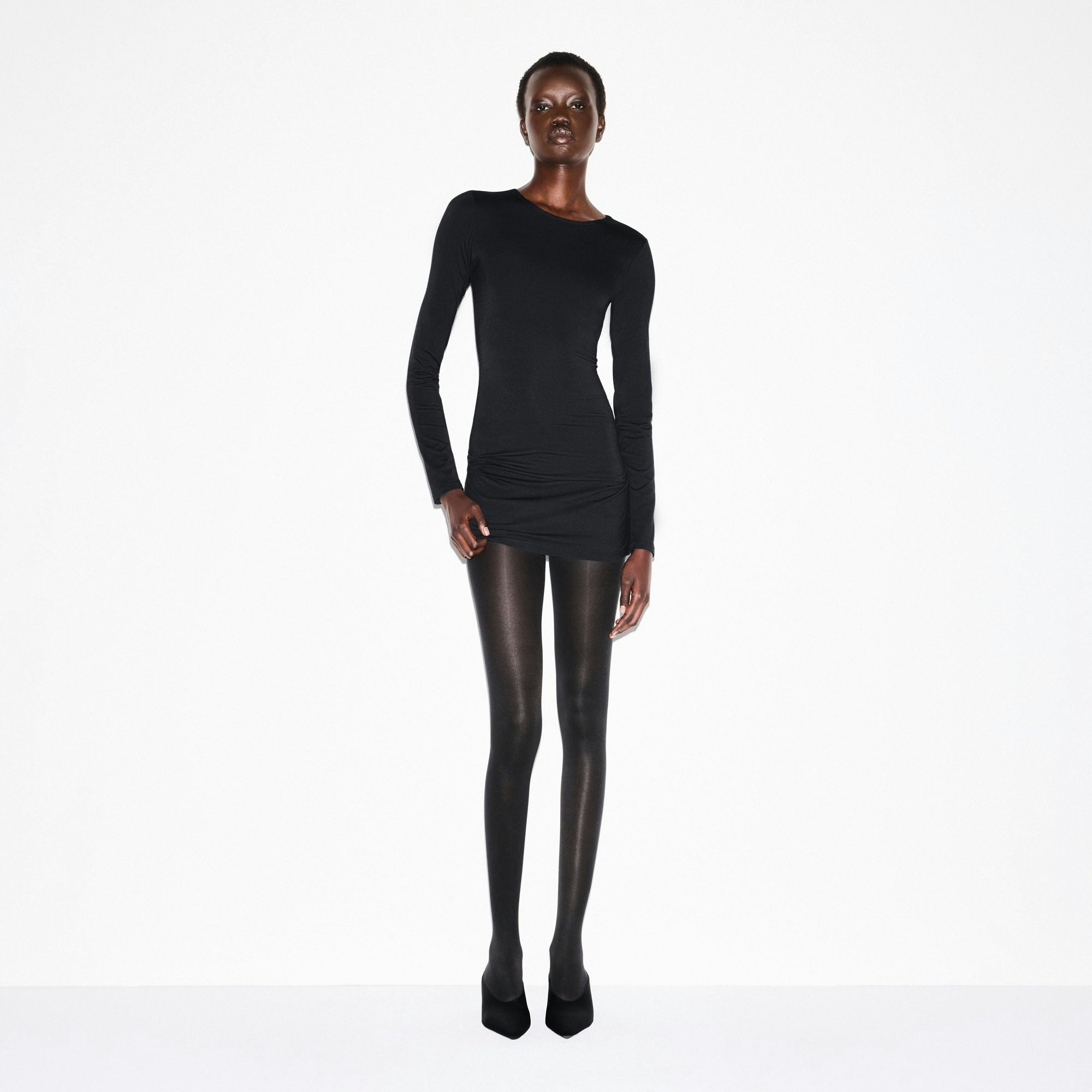 SMOOTH LAYERS CREWNECK MINI DRESS | OBSIDIAN ON A MODEL FRONT VIEW @ | FOCUS: 0.0, 1.0, 0.9