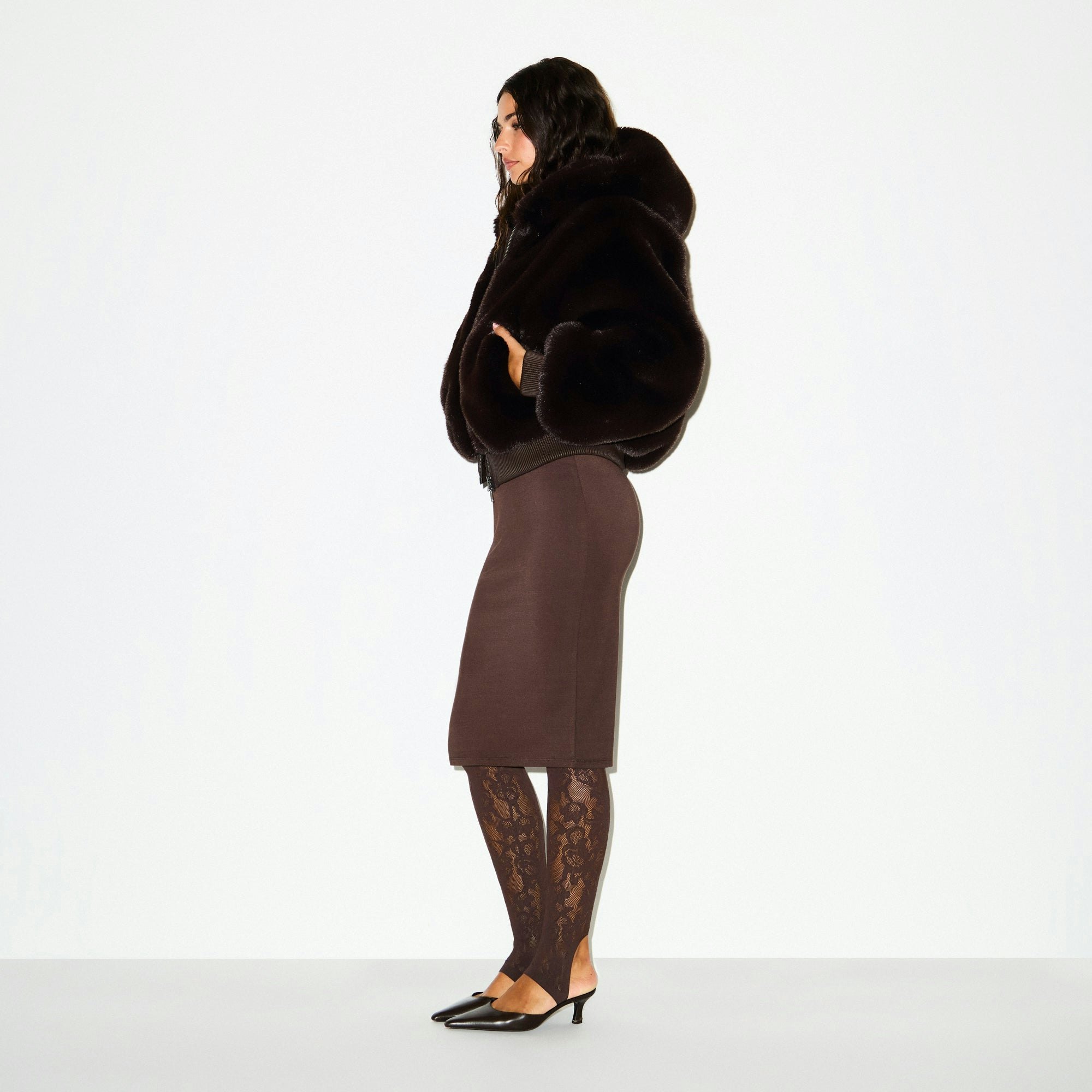 SMOOTH LAYERS SQUARE NECK MIDI DRESS | ESPRESSO ON A MODEL SIDE VIEW @ | FOCUS: 0.0, 1.0, 0.9