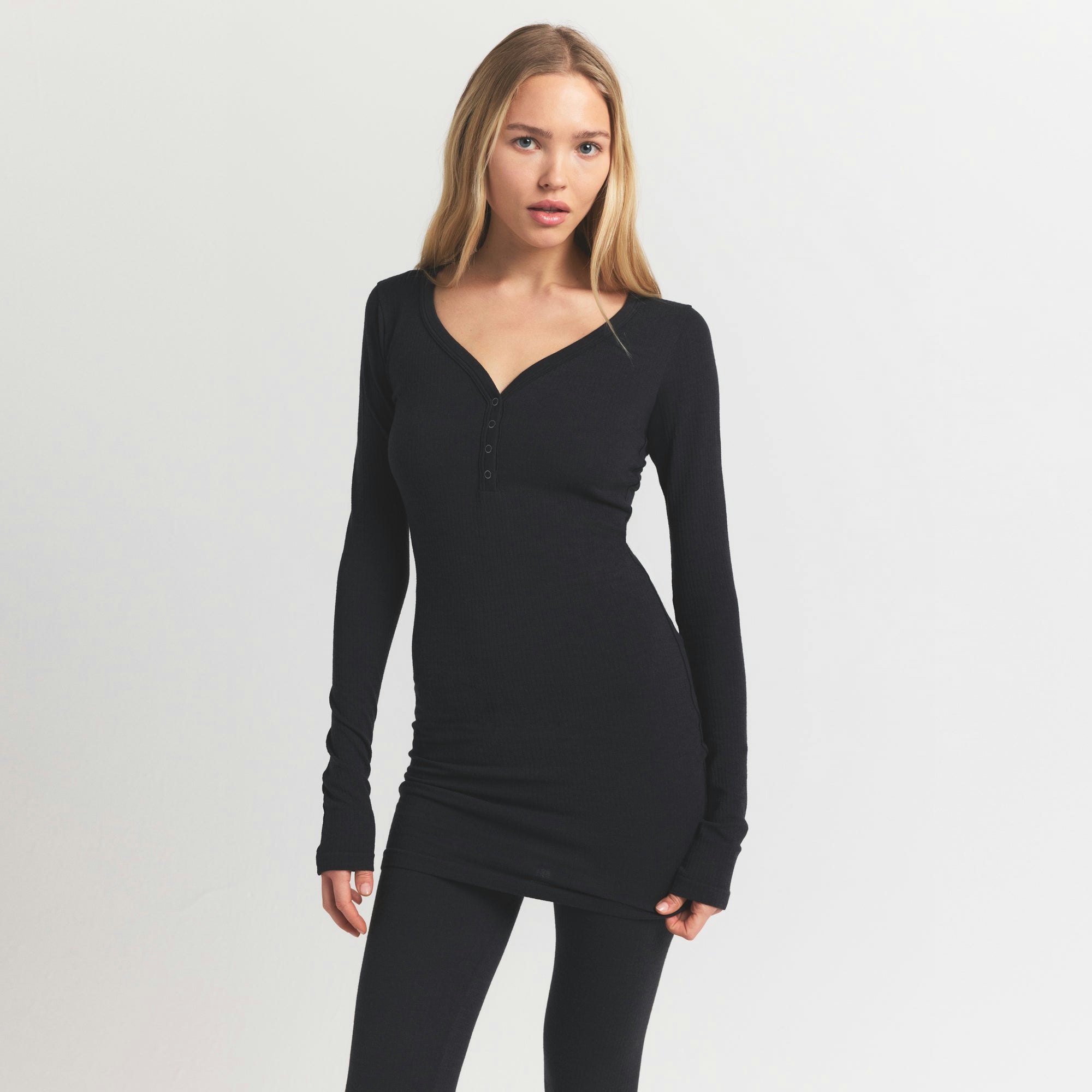 WOOL RIB HENLEY DRESS | OBSIDIAN ON A MODEL FRONT VIEW S | FOCUS: 0.0, 1.0, 0.9