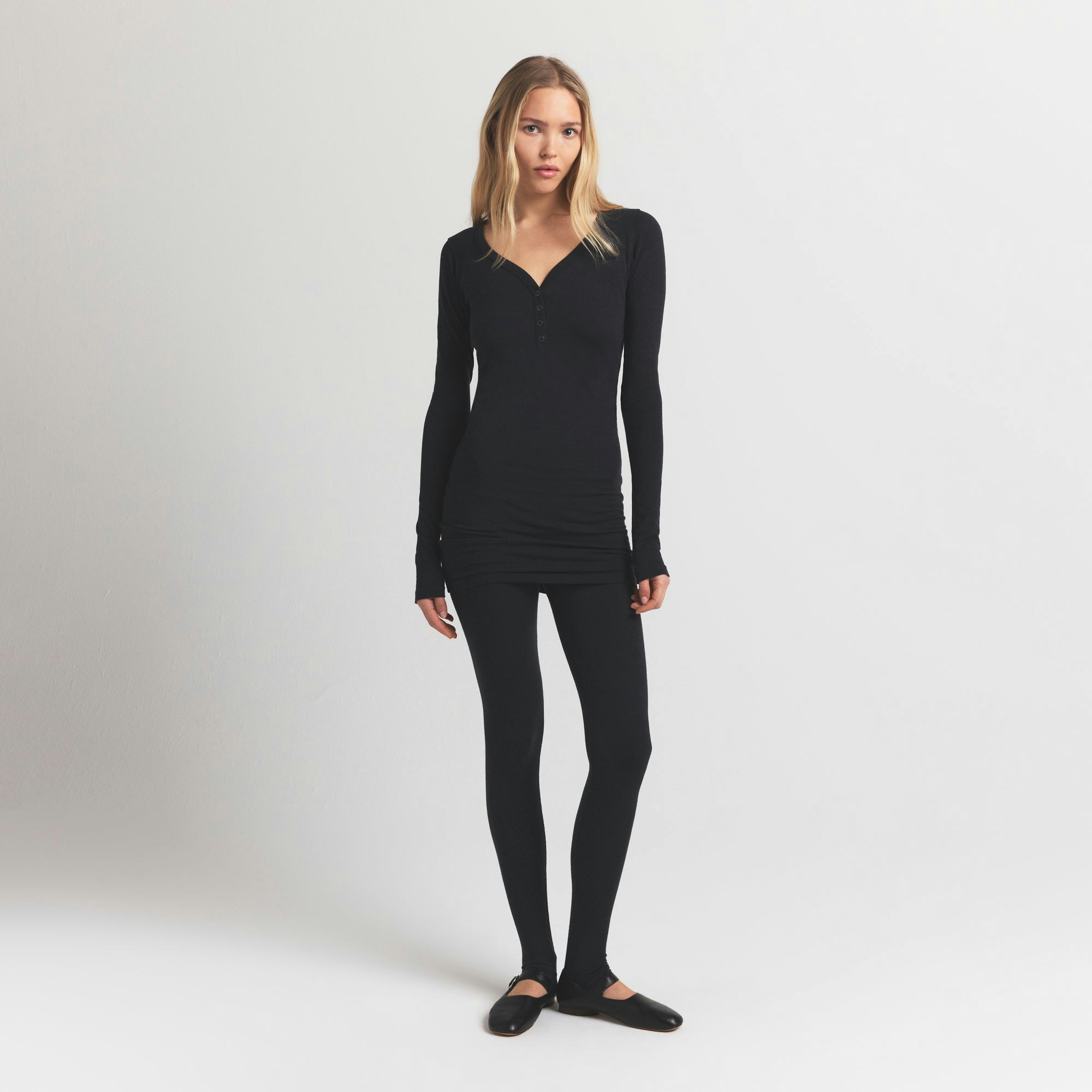 WOOL RIB HENLEY DRESS | OBSIDIAN ON A MODEL FRONT VIEW S | FOCUS: 0.0, 1.0, 0.9