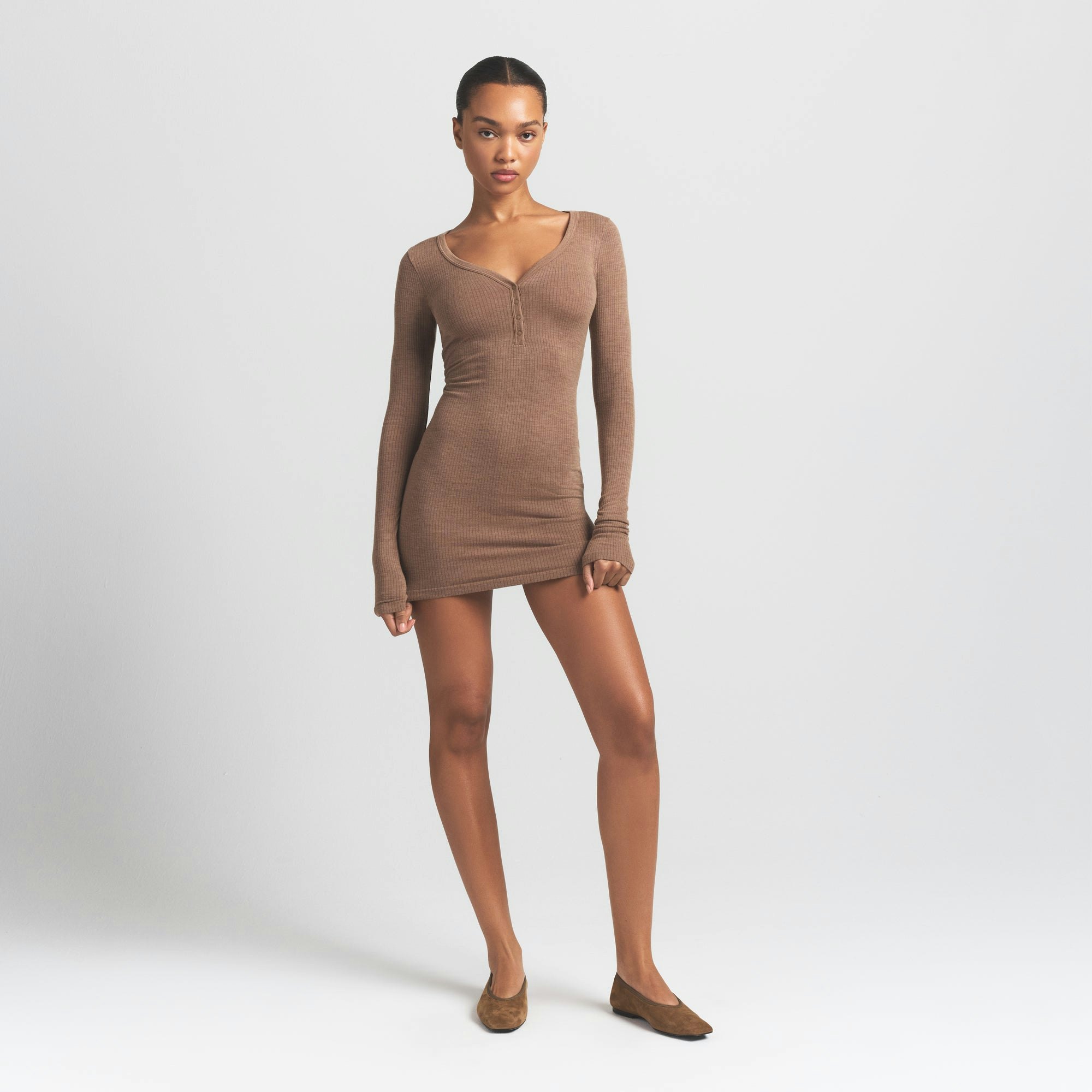 WOOL RIB HENLEY DRESS | SIENNA ON A MODEL FRONT VIEW @ | FOCUS: 0.9, 0.1, 0.7